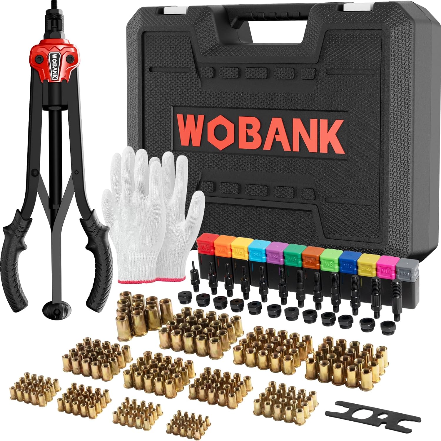 Rivet Nut Tool, 16" Heavy Duty Rivnut Tool Kit with 12PCS Metric/SAE Mandrels, 230PCS Rivet Nuts, Wrench, Gloves and Carrying Case, Auto Release Nut Design for Automotive, Construction & DIY