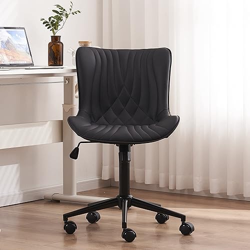 Miniatura 30 de YOUTASTE Silla de oficina marrón, moderna silla de escritorio sin brazos con respaldo, silla giratoria ajustable de piel sintética con ruedas, base