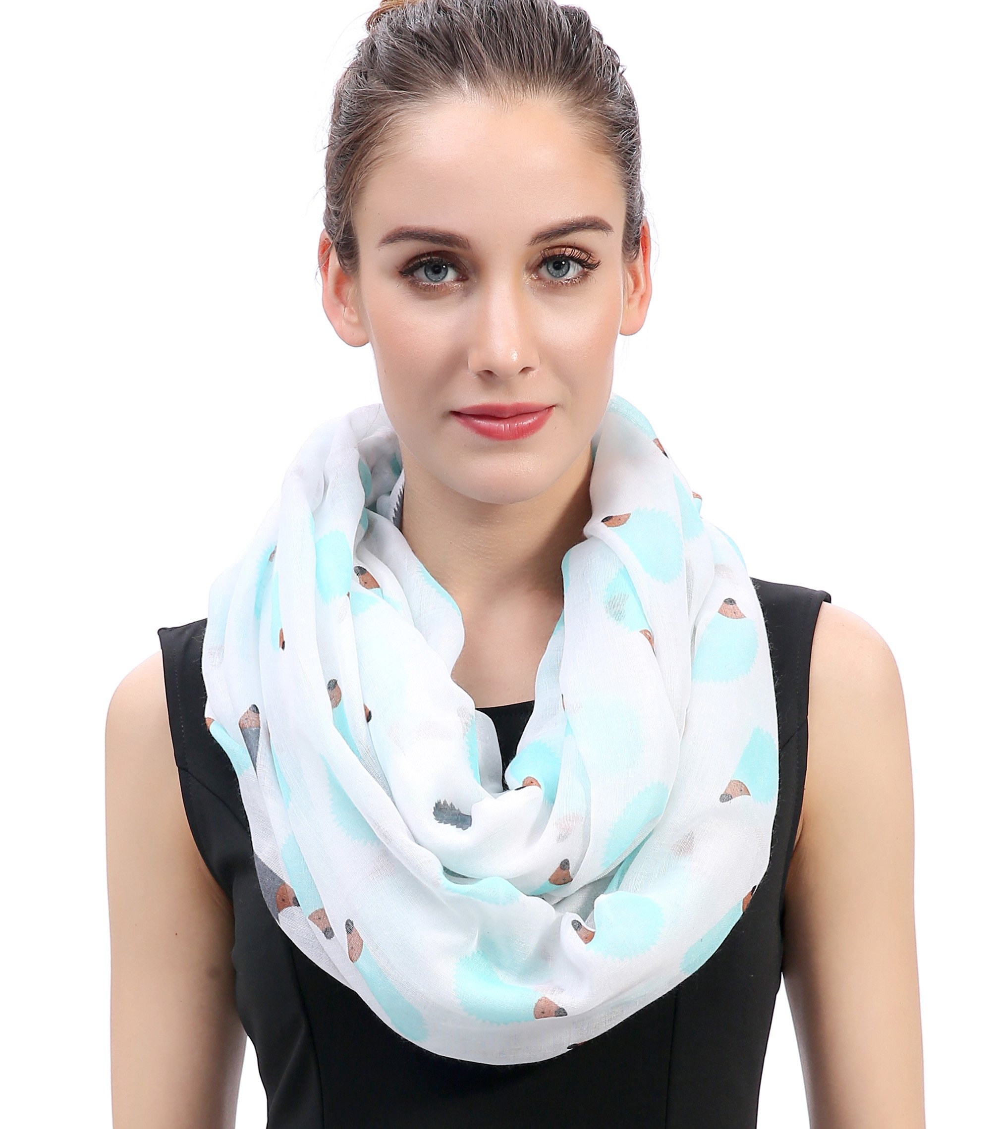 Lina & Lily Women's White Hedgehog Animal Print Infinity Scarf Snood Lightweight (White)