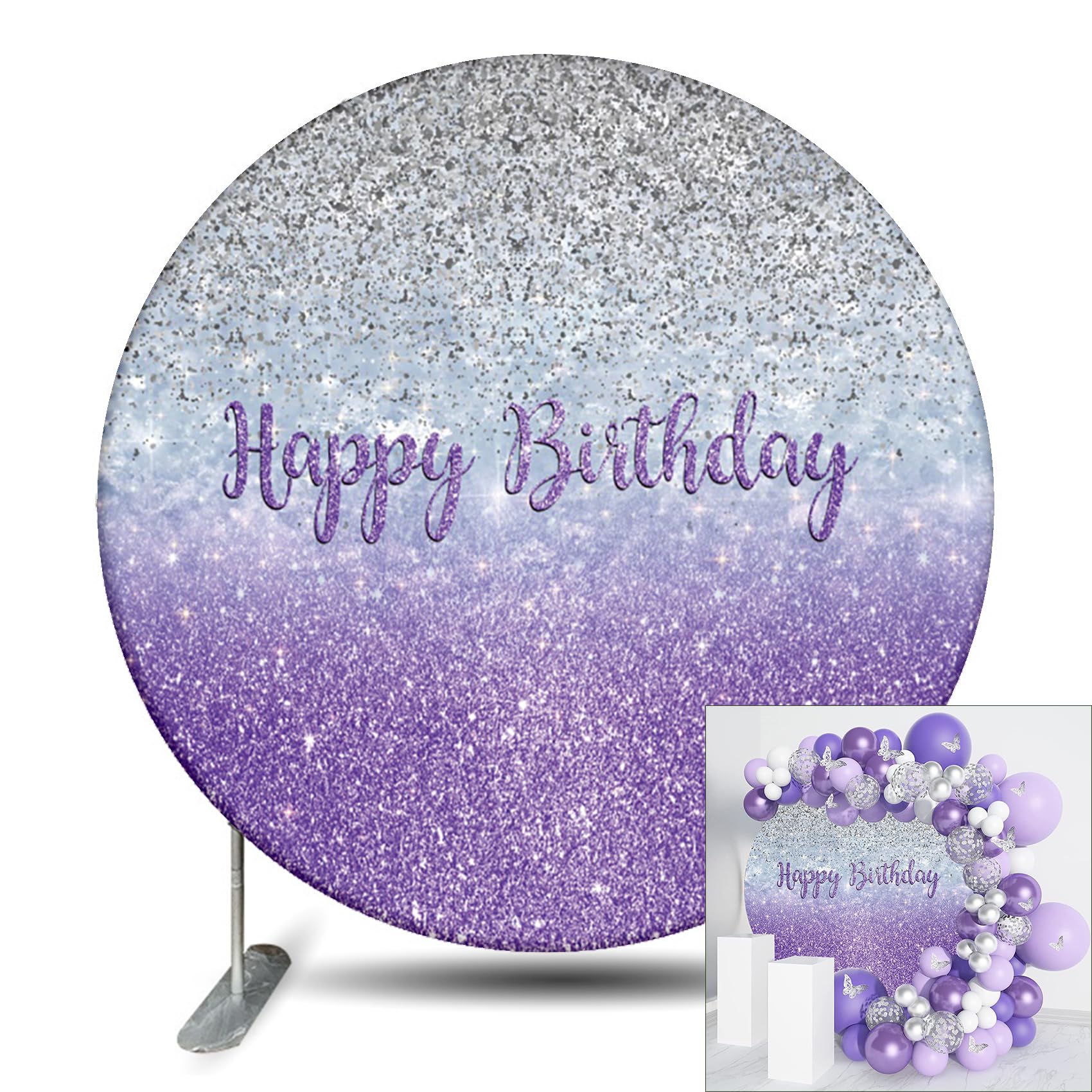 Renaiss Purples Happy Birthday Round Backdrop Cover 6.5ft Large Bday Banner Sign Poster Circle Backdrop Cover for Birhday Prom Party Decors Shiny Purples and Silver Sequins Background for Photography