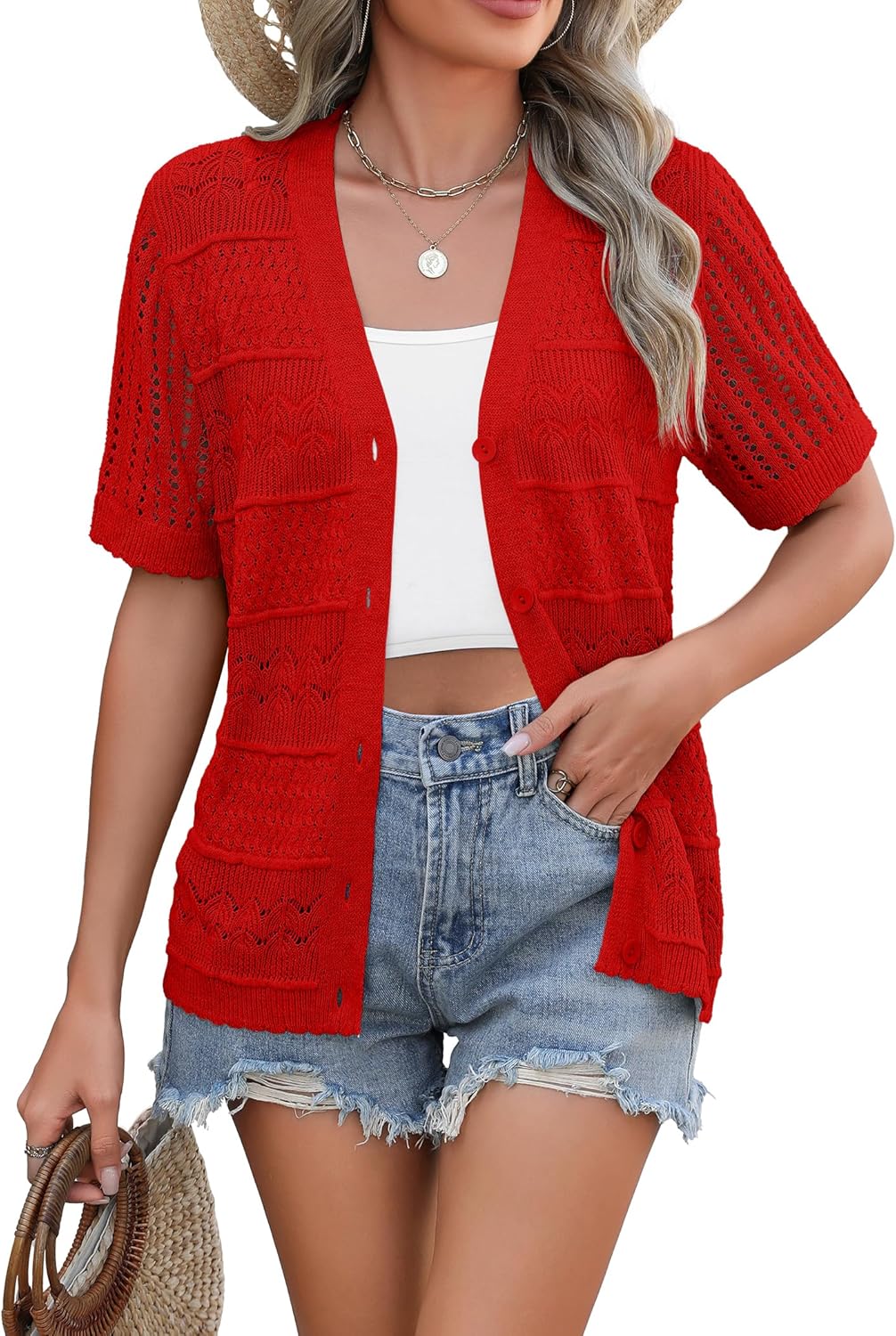 Zeagoo Women's 2026 Summer Short Sleeve Crochet Cardigan V Neck Cropped Lightweight Button up Bolero Shrug Sweater