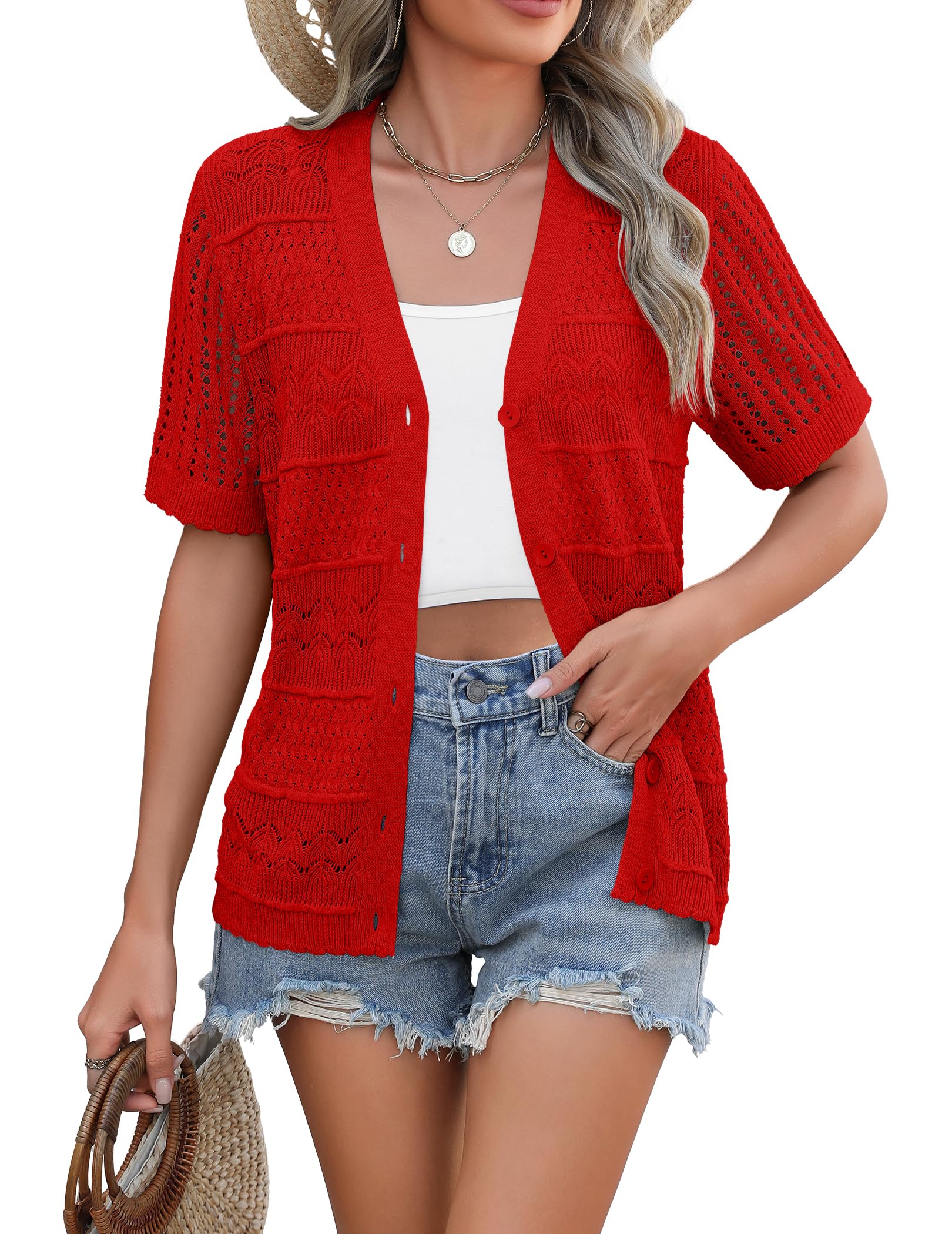 Zeagoo Women's 2026 Summer Short Sleeve Crochet Cardigan V Neck Cropped Lightweight Button up Bolero Shrug Sweater