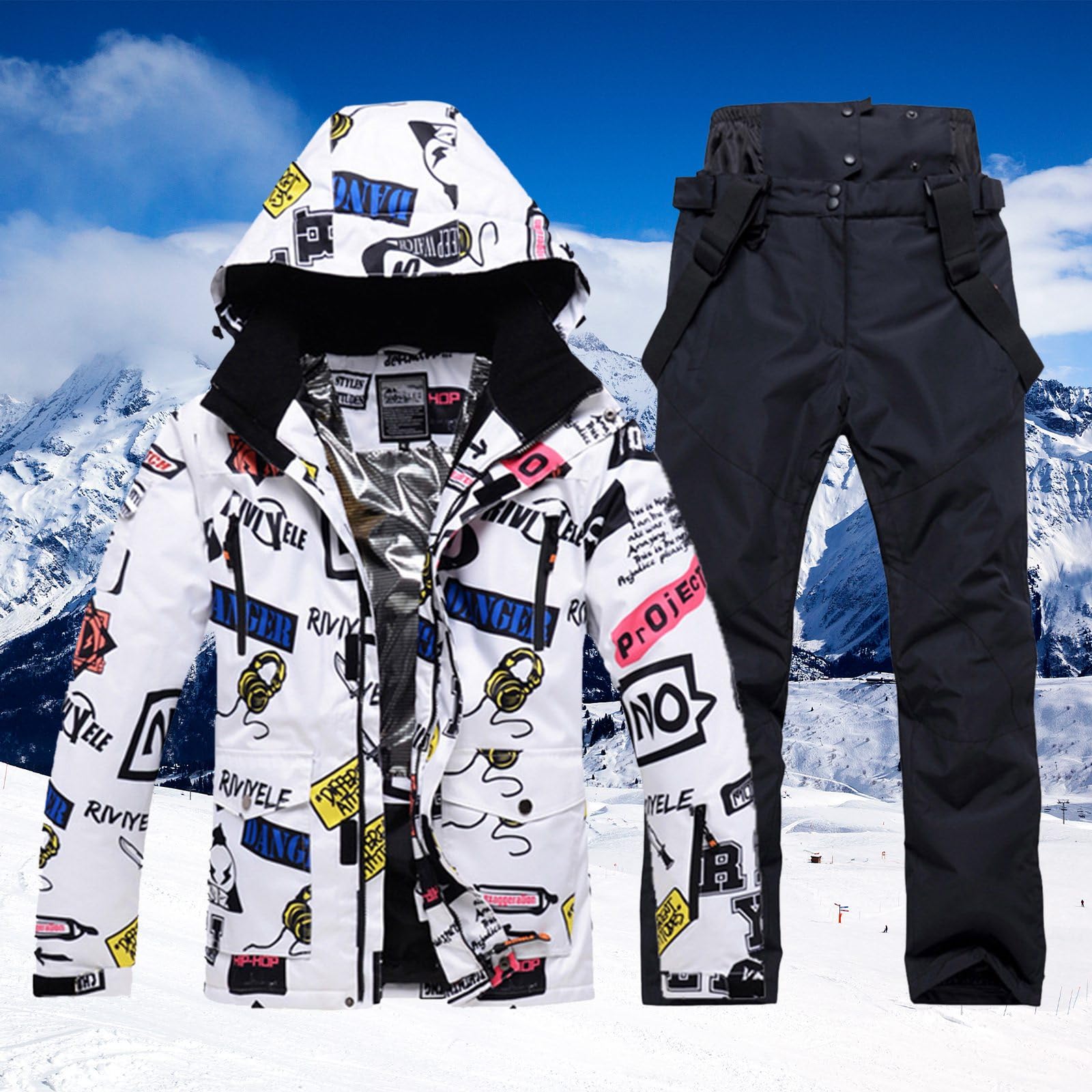 Generisch Set di giacche e pantaloni da sci da uomo, antivento, isolati, tuta da neve, caldo cappotto da neve
