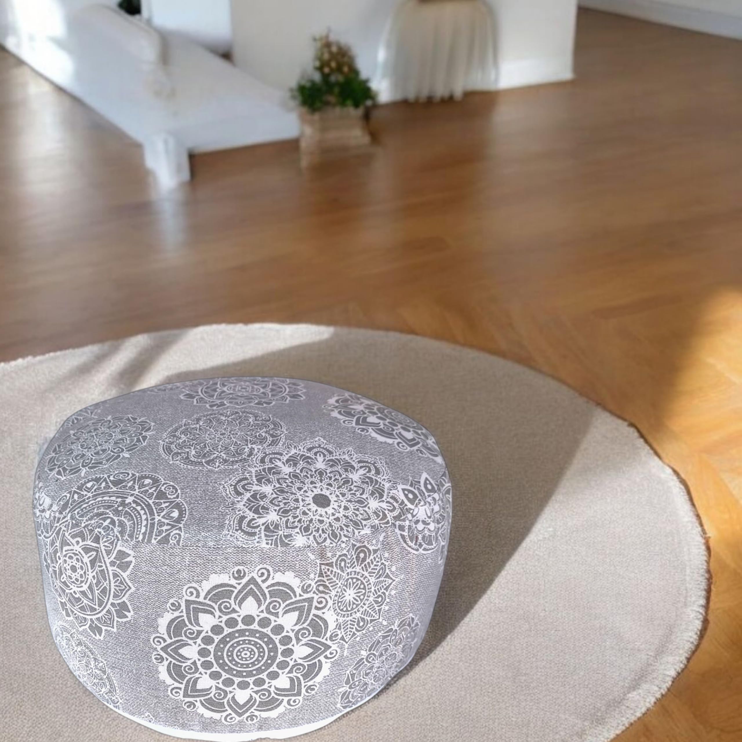 Zafu meditación Mandalas Gris, cojin Yoga, zafu Yoga, con Funda e Interior y Exterior Lavable de algodón y Relleno de cáscara de Trigo sarraceno, asa de Transporte 32x16cm
