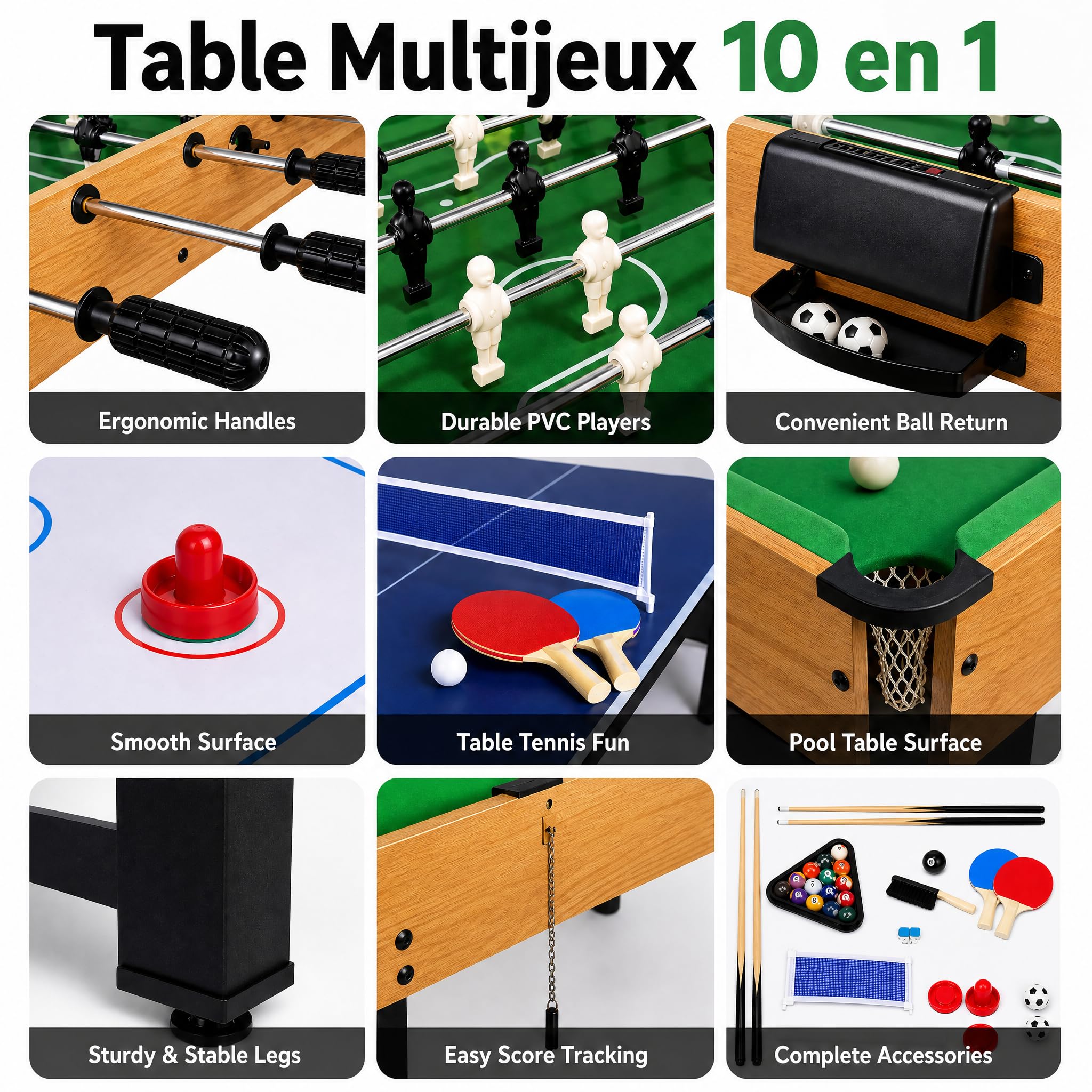 hotsizz Table multijeux 10 en 1 avec babyfoot, Table de ping Pong, Table Billard, Air Hockey et Plus Encore 121 × 61 × 73 cm Convient aux Adultes et aux Enfants.