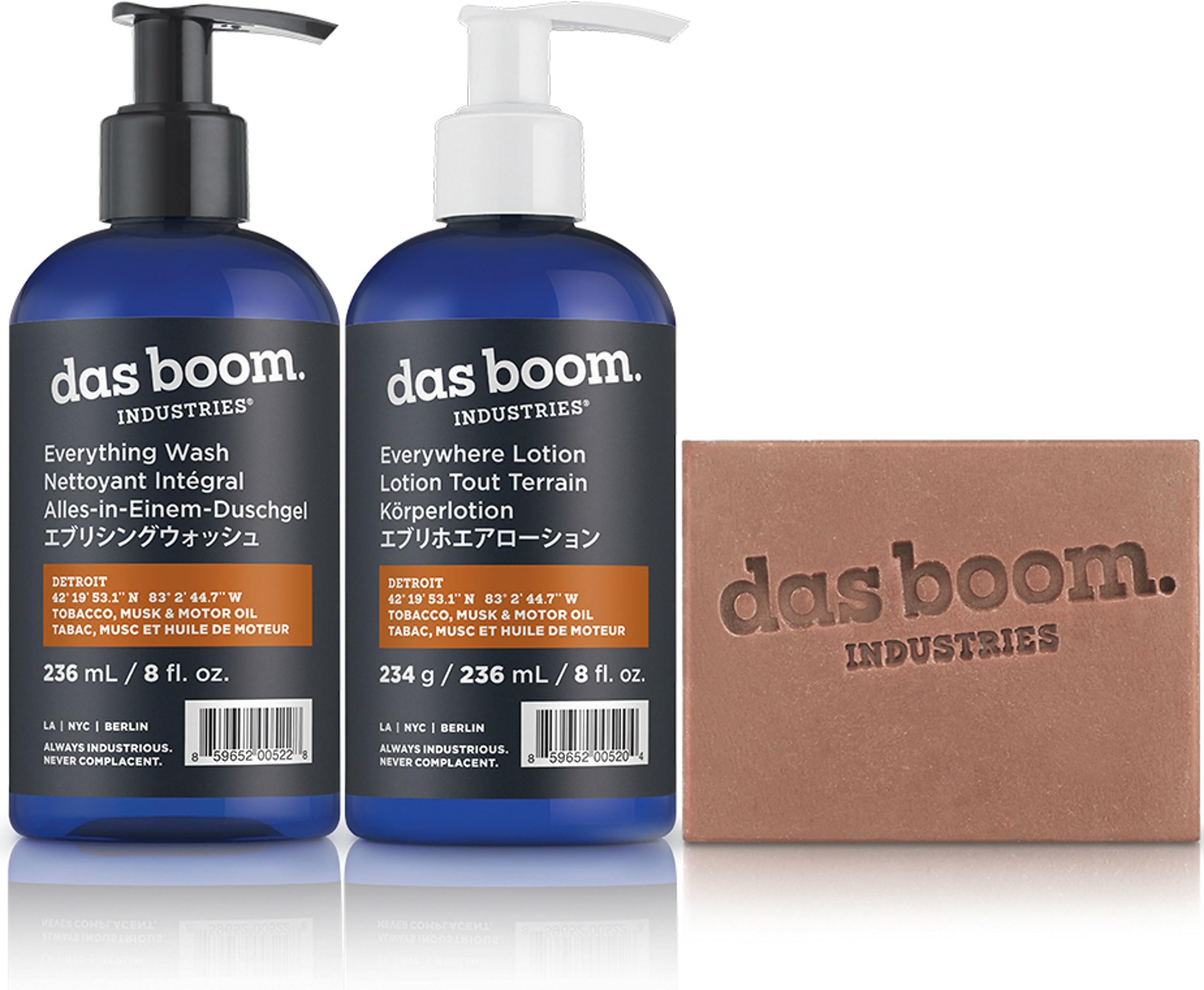 Das Boom Body Basics Set (Soap, Lotion, Wash) - Detroit (Tobacco, Musk & Motor Oil)