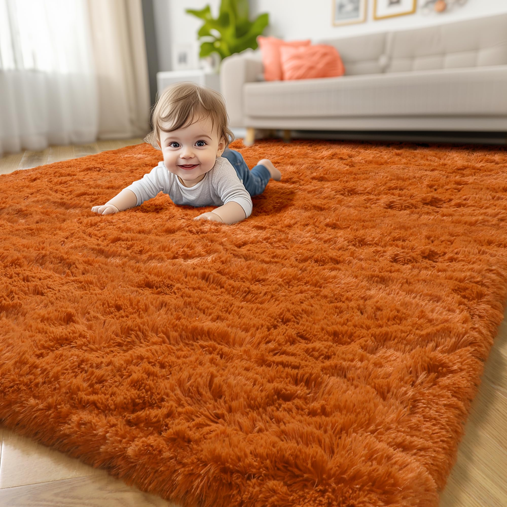Amdrebio Burnt Orange Area Rugs for Bedroom Living Room Decor, Shag Plush Fluffy Furry Rug 4x6 for Kids Room Aesthetic, Small Cute Fuzzy Shaggy Dark Orange Carpet for Nursery Dorm Classroom Playroom