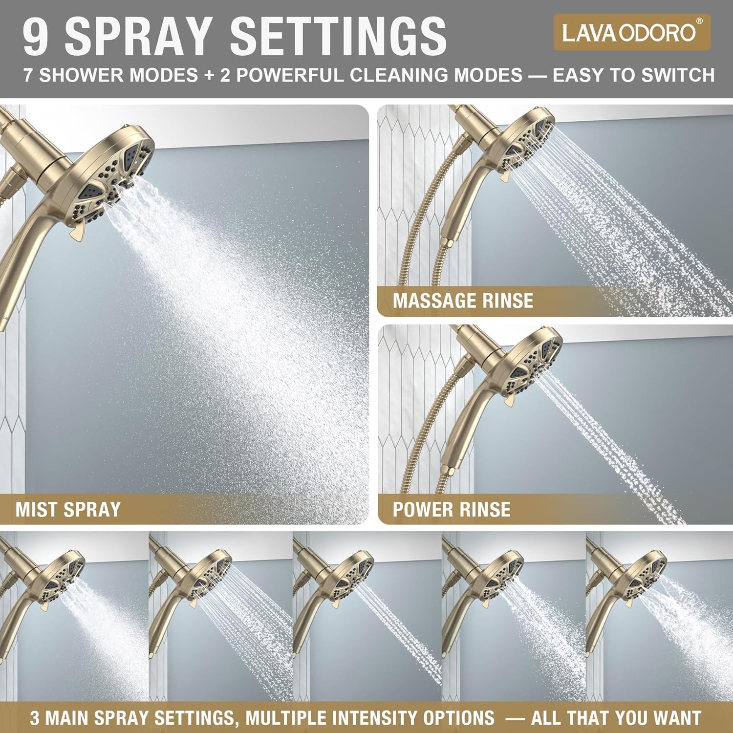 LAVA ODORO Handheld Shower Head with Magnetic Docking System, 10-Function High Pressure Detachable Shower Head, 5-inch Showerhead with 72 Inch Hose, Champagne Gold, SH180-CB
