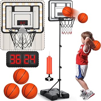 Kids Indoor Basketball Hoop with Scoreboard & Timer,Toddler Adjustable Height Basketball Goal Toy for Outdoor Backyard,Sports Game Play