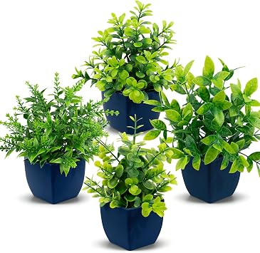 4 Pack Small Fake Plants Mini Artificial Plants in Navy Blue Pots Faux Potted Greenery Indoor for Home Office Table Desk Bathroom Shelf Counter Styling Farmhouse Decor