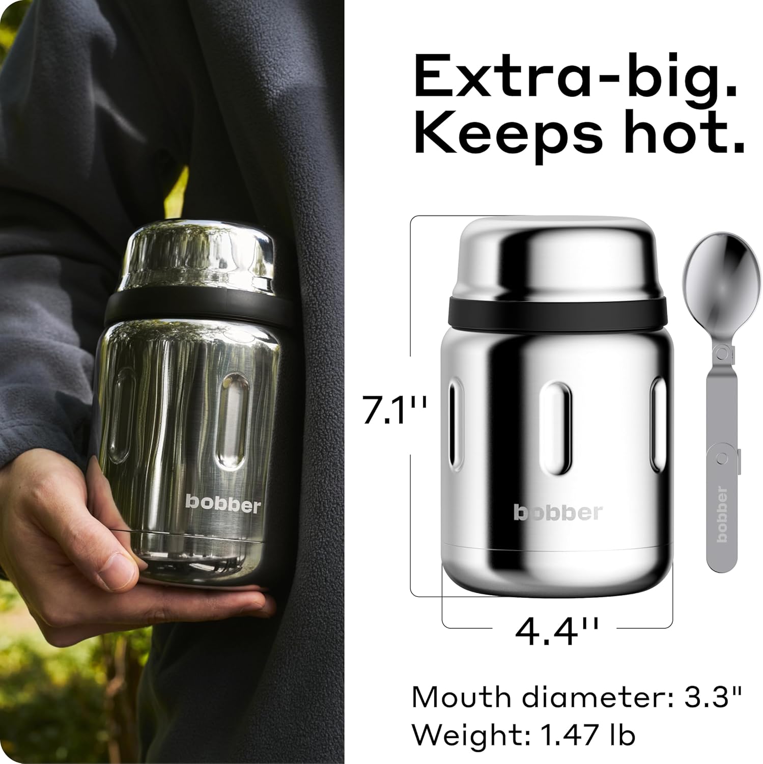 BOBBER 24 Oz Stainless Steel Thermo Food Jar with Folding Spoon and Extra-Wide Mouth – Insulated Soup Thermo for Hot Food, Keeps Hot for 14 Hours and Cold for 20 Hours (Glossy)