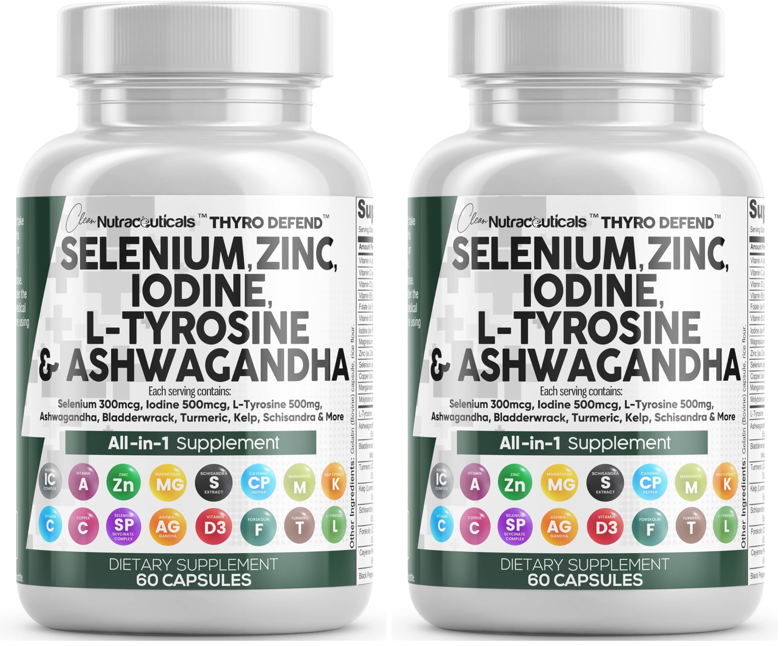 Clean Nutra Selenium 300mcg Iodine 500mcg Thyroid Support for Women & Men | L Tyrosine 500mg Ashwagandha Supplement Bladderwrack, Turmeric, Kelp, Schisandra Zinc Pills Capsule Supplements (Pack of 2) 60 Count (Pack of 2)