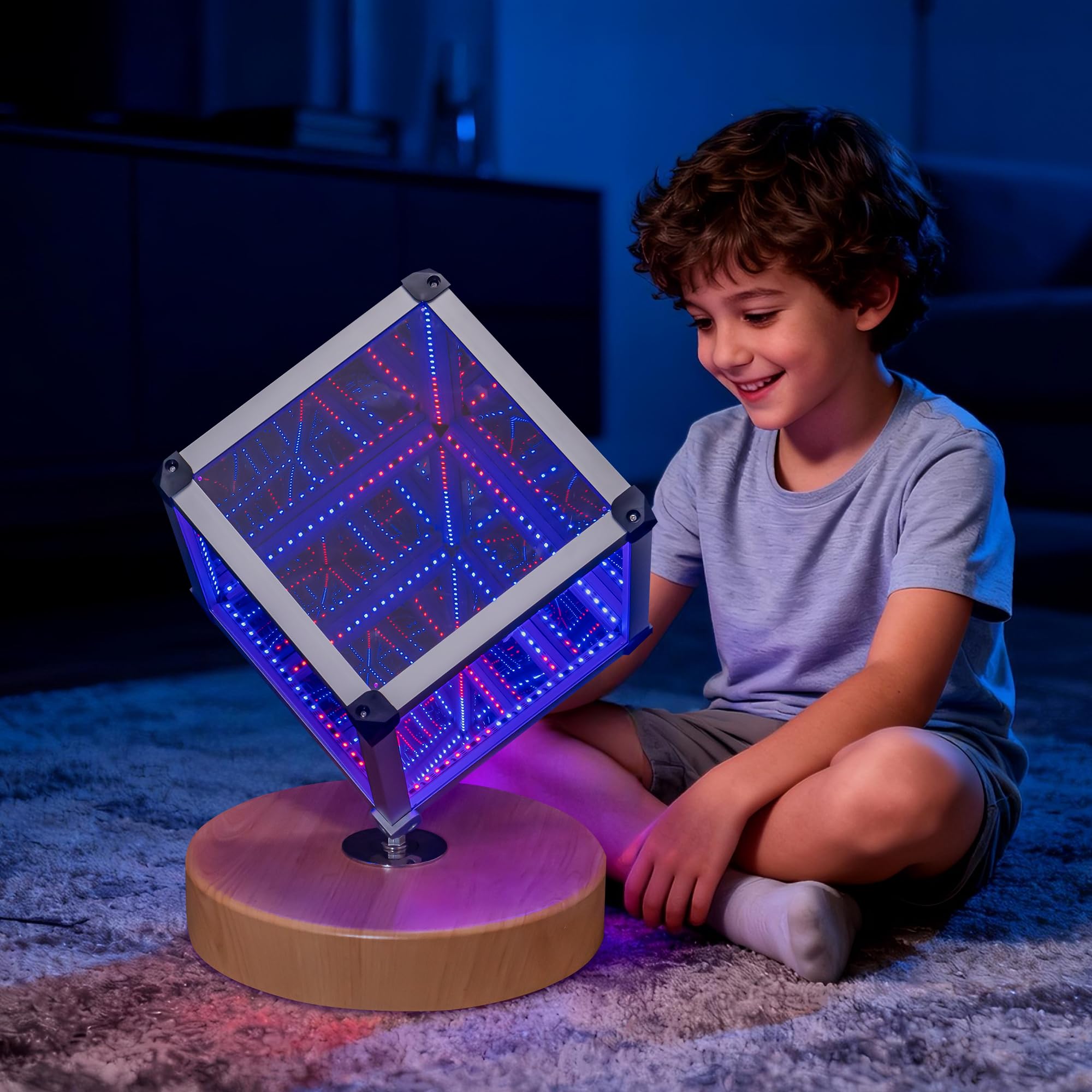 Tenmind Rotating Magic Cube Sensory Therapy Infinity Prismatic Reflection Mirror LED Lighting with Wooden Stand Geometric RGB Changing