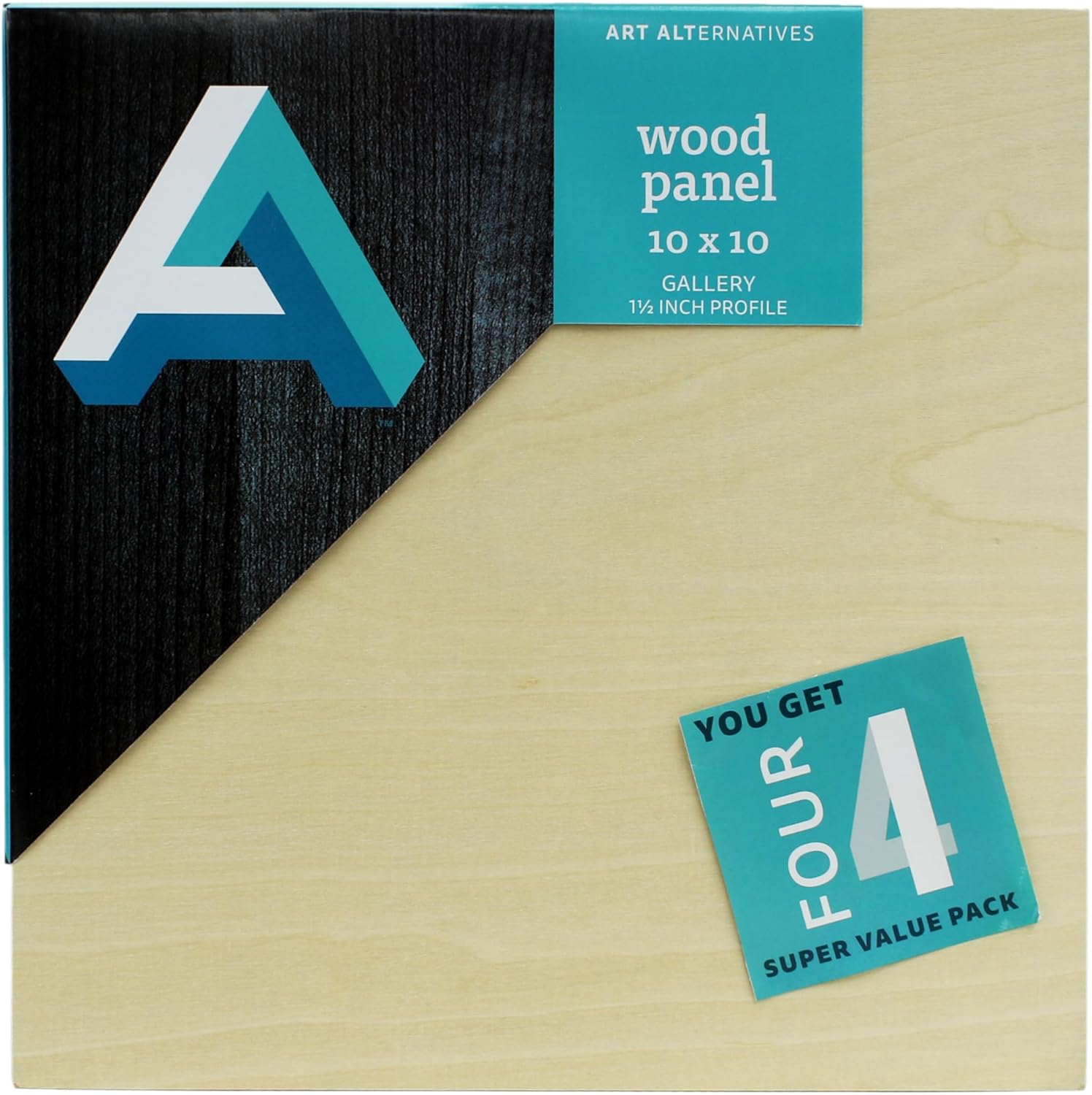 Art Alternatives Classic Wood Panel Value Pack of 4, Gallery, 1.5" Profile, 10" x 10" - Use for Painting, encaustics, Mixed Media Projects, Crafts and More!