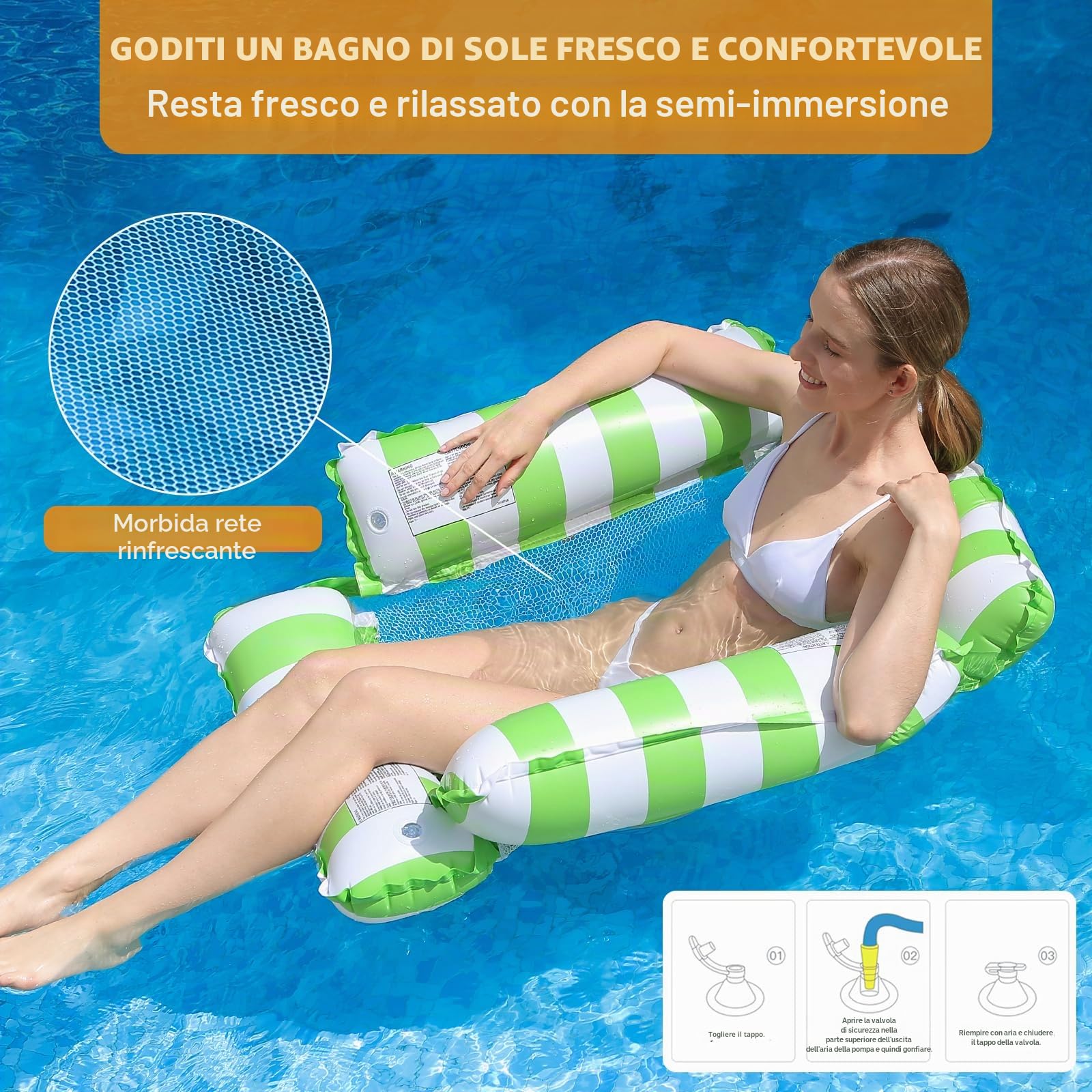 Amaca Gonfiabile Piscina 4 in 1 per Adulti, Materassino Galleggiante con Rete, Lettino Gonfiabile Mare e Piscina, Sedia Galleggiante Relax, Facile da Gonfiare, per Estate, Spiaggia, Vacanze