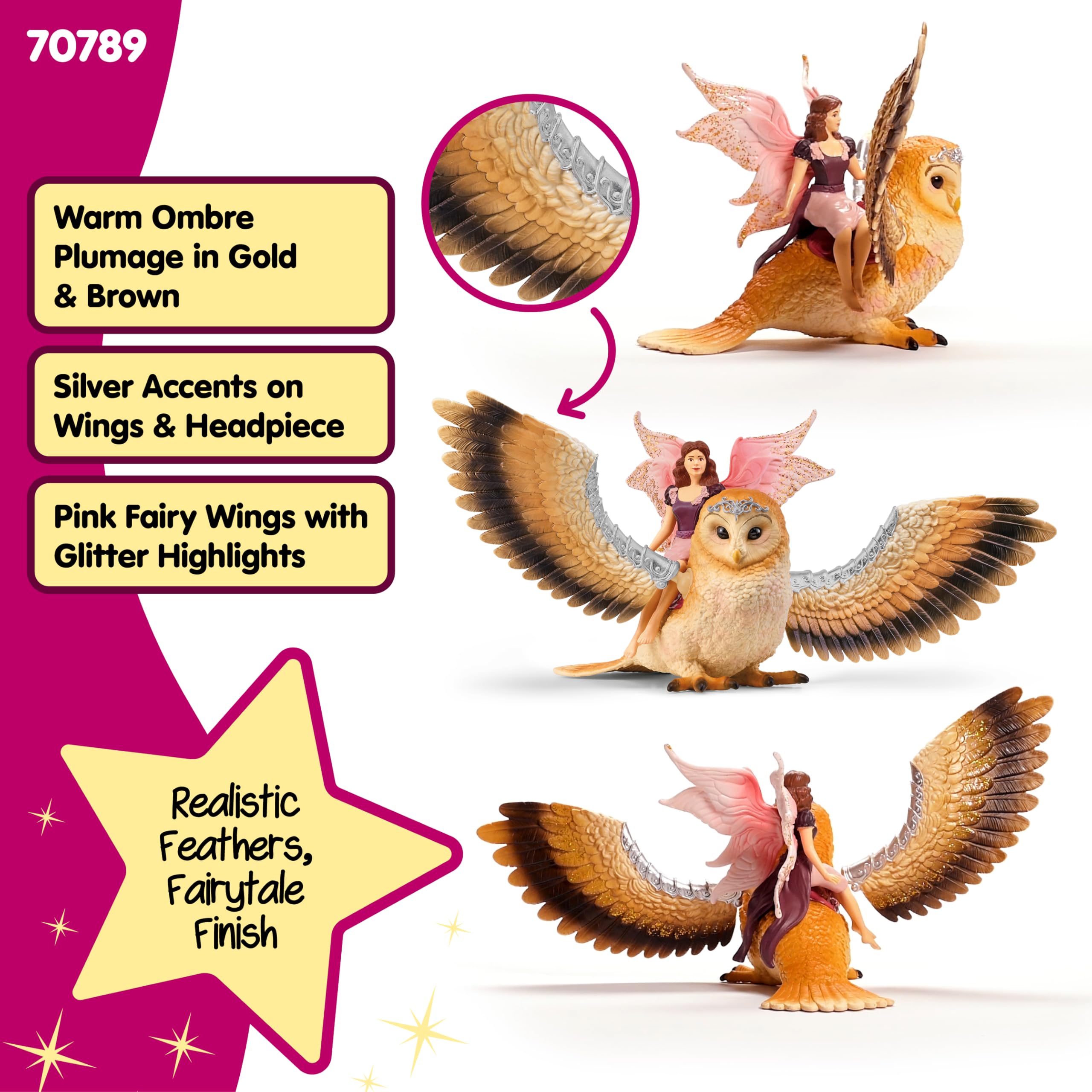 schleich BAYALA | Elfka na brokatowej sowie 70789 | Sowa z ruchomymi skrzydłami i magnesem | Prezent dla dziewczynek i chłopców | Od 5 lat | Zestaw 4 elementów