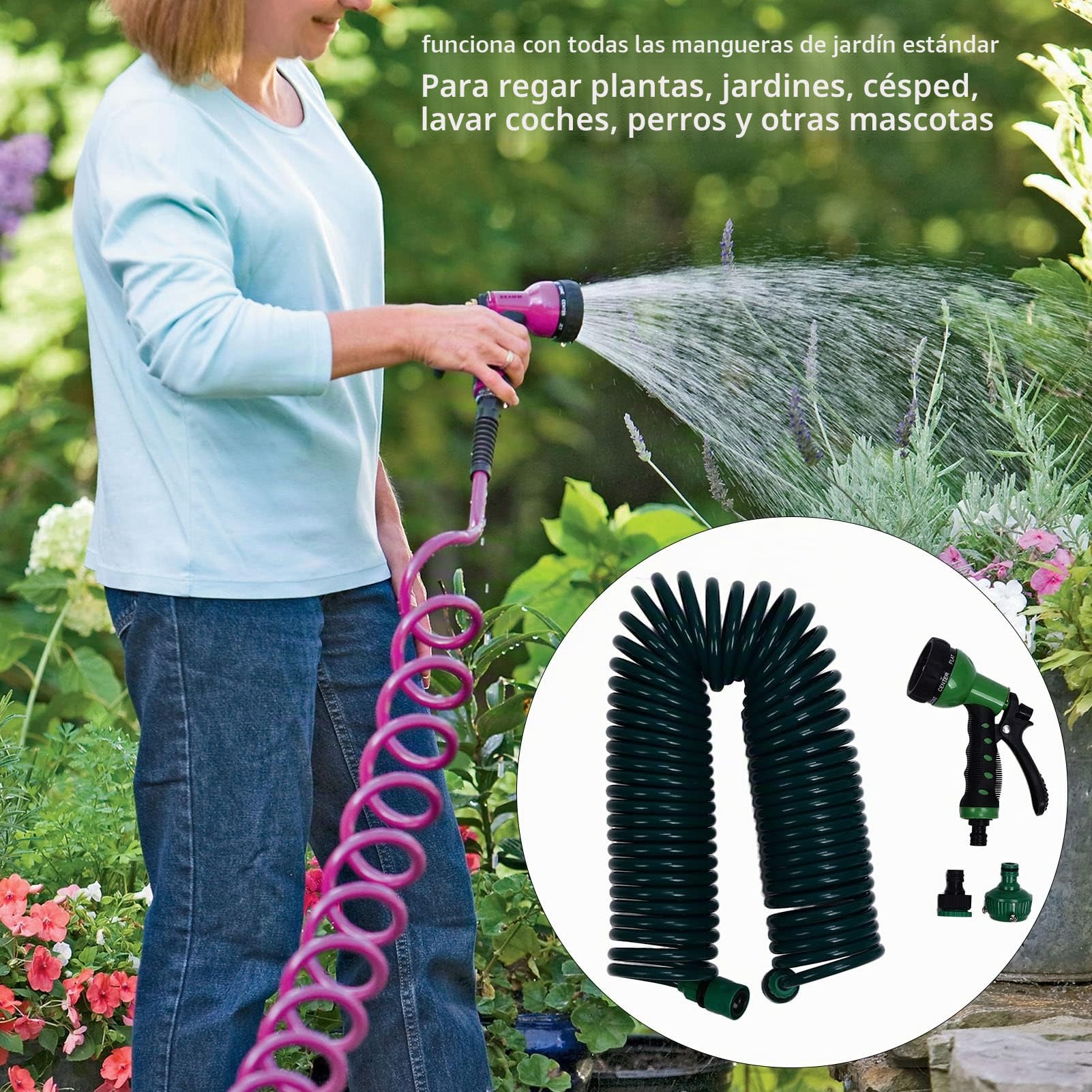 Manguera de Agua de Jardín en Espiral, Tubo de Resorte Telescópico de Jardín de 15m/49,2 Pies EVA, 7 Modos, para Regar Plantas, Césped