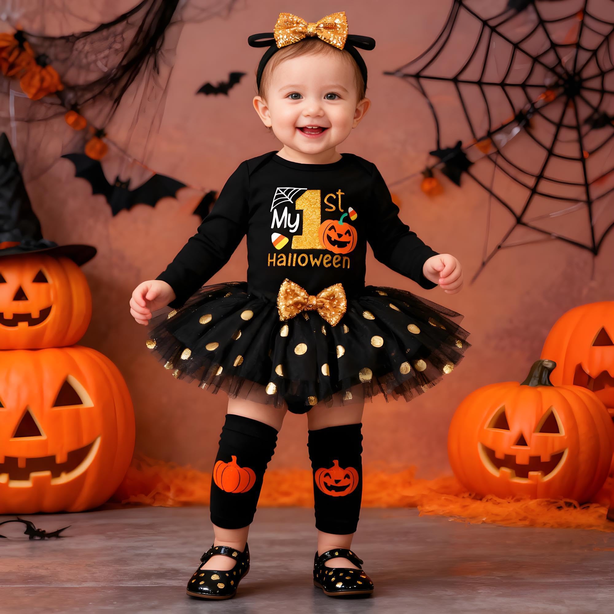FUTERLY Vestito Halloween Neonato, Il Mio Primo Costume Halloween Neonato, Vestiti Halloween Neonata, Tutina Halloween Neonata +Gonna Tutu+Calze Lunghe+Fascia, Vestito Zucca Neonata
