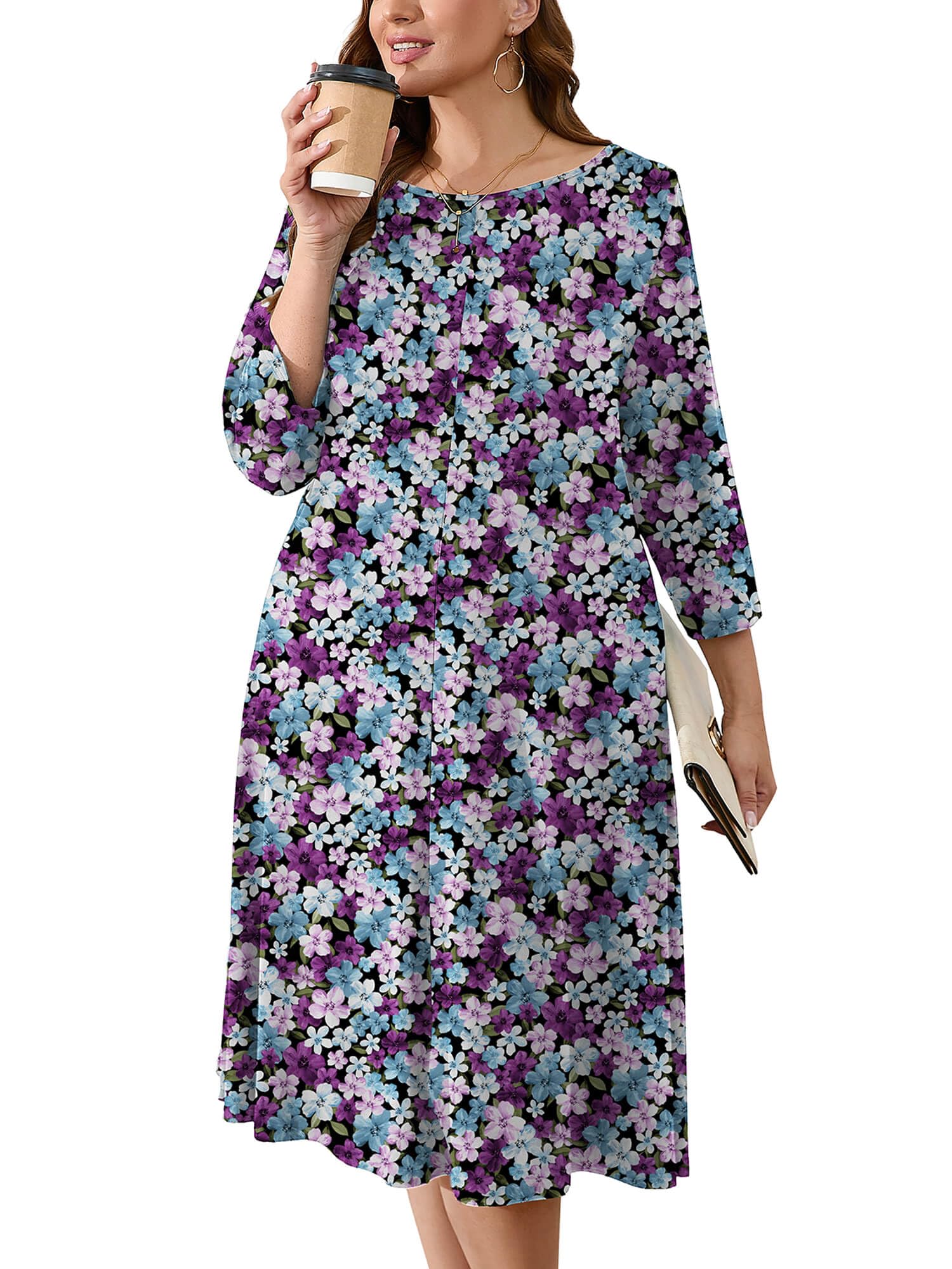 AusLook Women's Plus Midi Dresses Crew Neck A Line 3/4 Sleeves Casual Elegant Loose Wedding Vacation Dress with Pockets