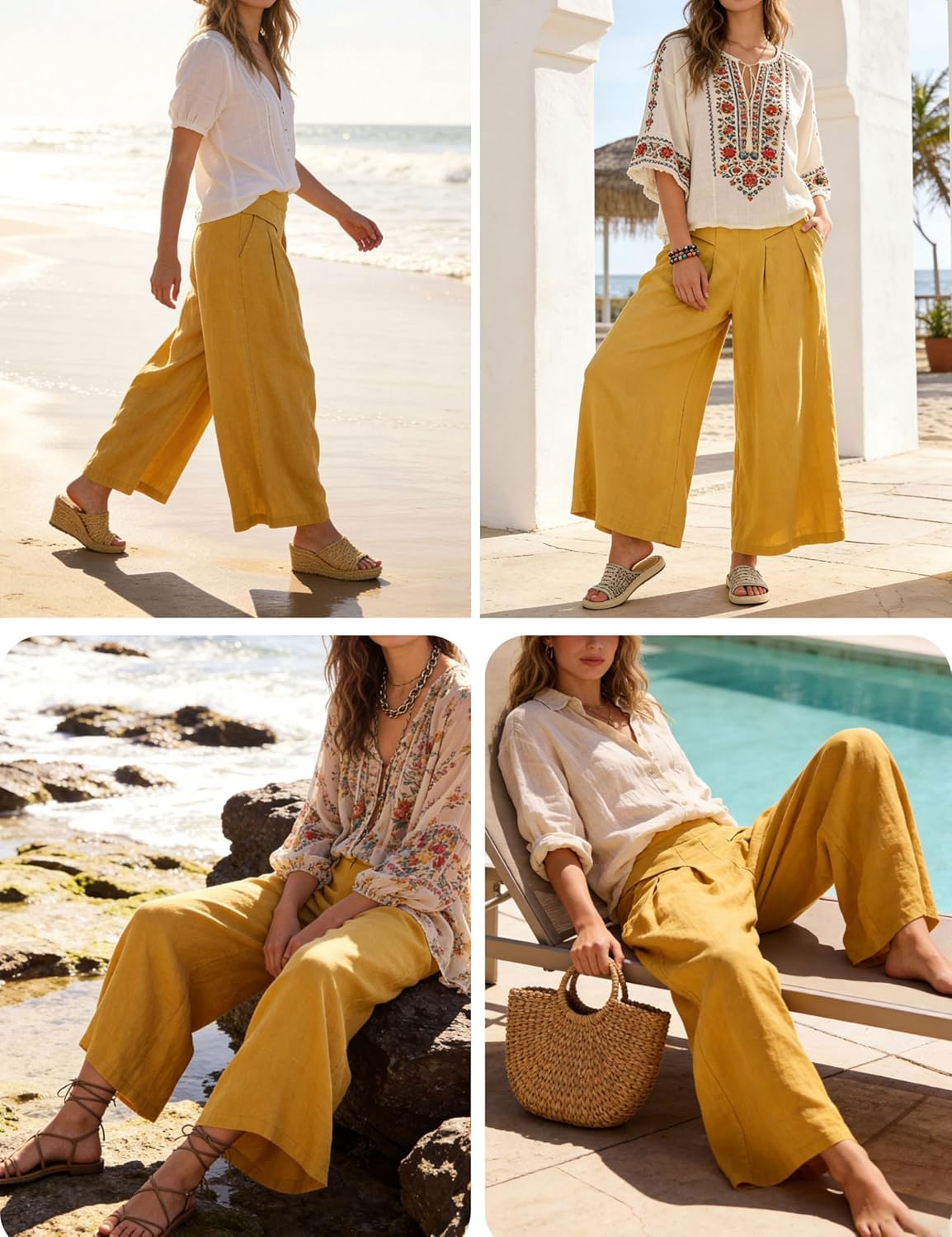 Hooever Women's Cotton Linen Culottes Pants Elastic Waist Wide Leg Palazzo Trousers Capri Pant - Image 6