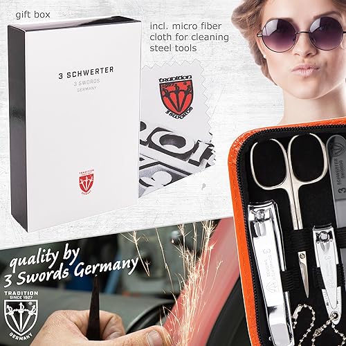 Miniatura 6 de 3 Swords Germany - Kit de aseo de manicura pedicura de 8 piezas de calidad de marca set de cuero sintético naranja - Hecho en Alemania