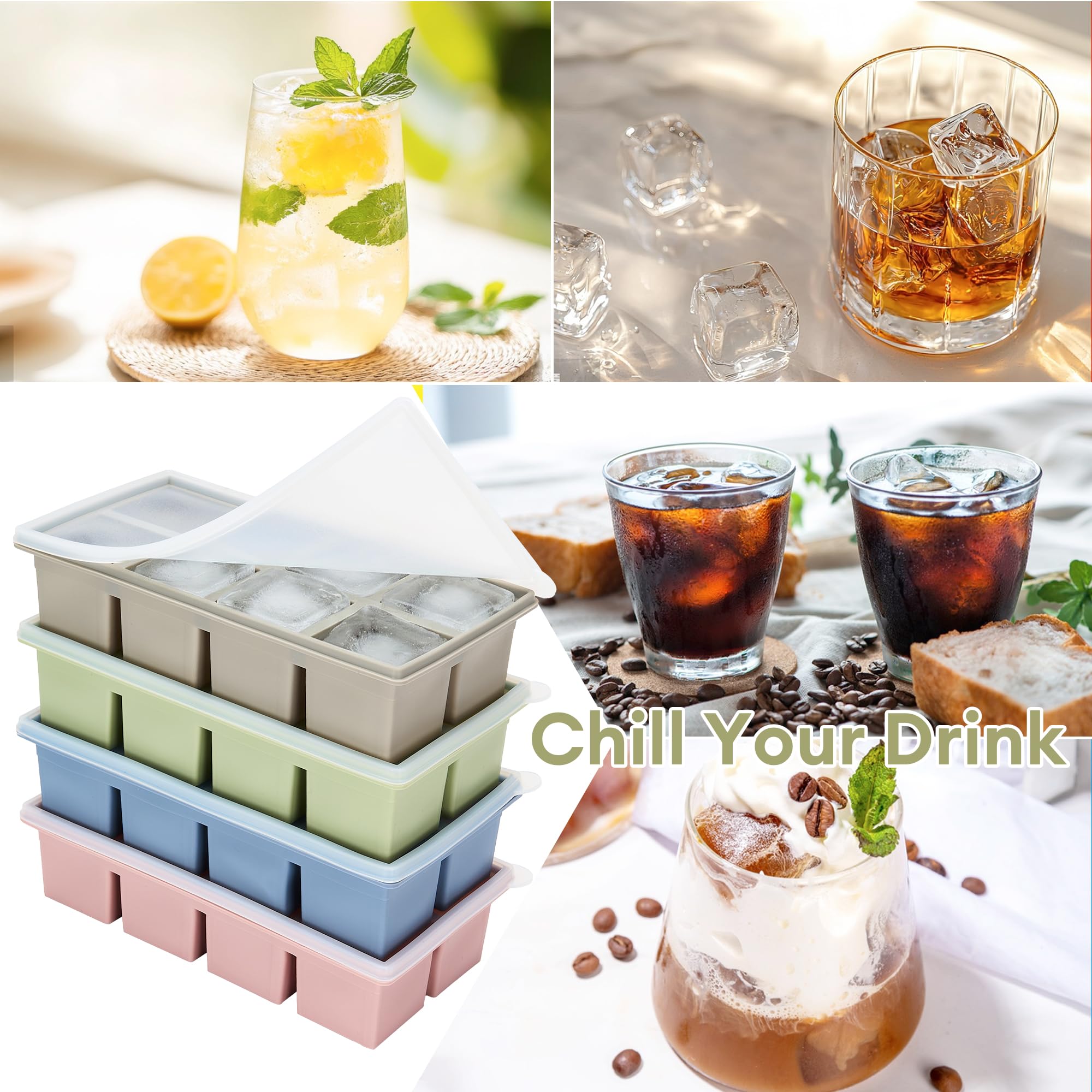 4 Pack Large Silicone Ice Cube Trays for Whiskey Easy Release 2 inch Cube Ice Trays for Cocktail Whisky Stackable Ice Cube Trays for Freezer with Leak Proof Removable Lid(4 Colors) - Image 6