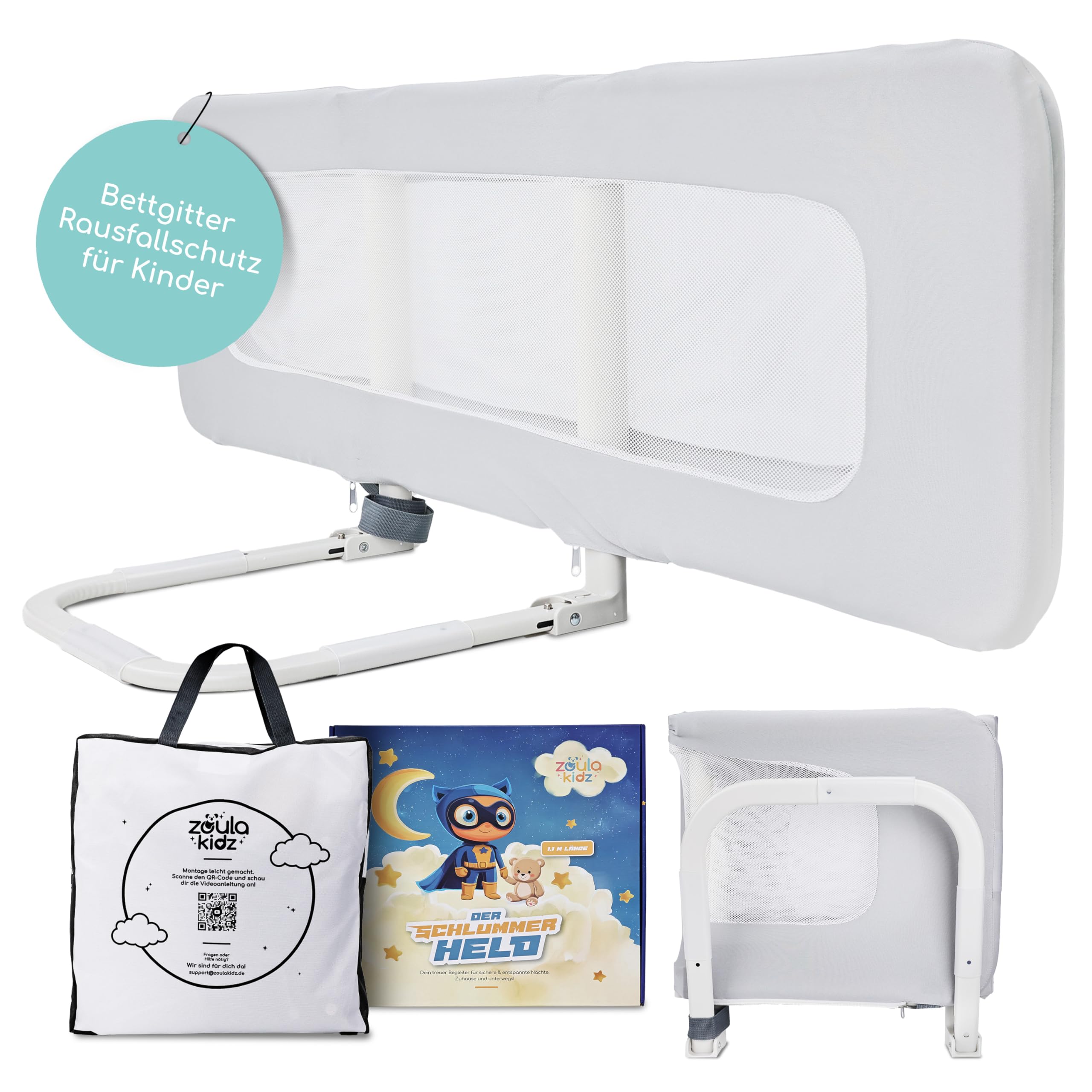 zoula kidz® faltbares Bettgitter als Rausfallschutz Bett Reise - Klappbar & Höhenverstellbar - Bettschutzgitter für Boxspringbett, Elternbett, Kinderbett - Mit Tasche & Gurt - ultrakompaktes Packmaß
