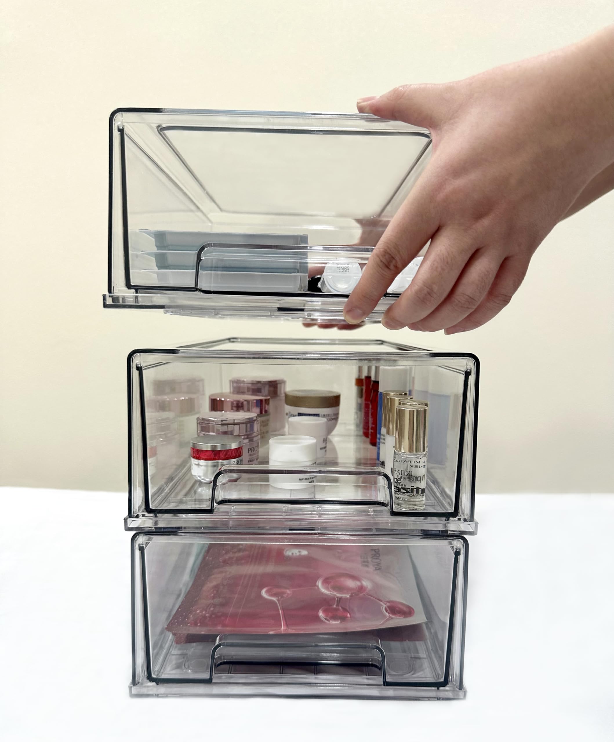 Cajones de almacenamiento apilables, organizador extraíble transparente con asas y almohadillas antideslizantes para cocina, refrigerador, escritorio de oficina, despensa y estantes, perfecto para 8