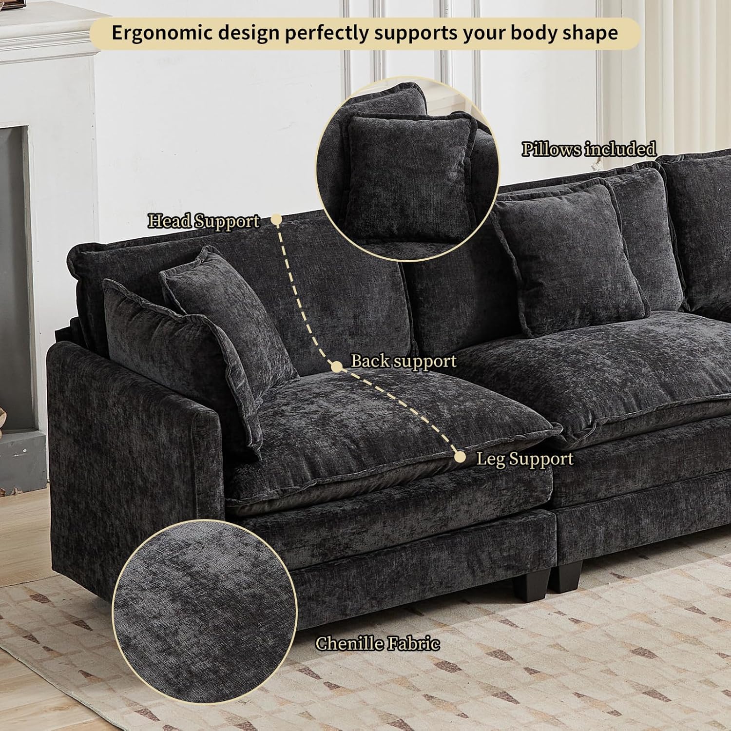 ODUSE-DAILY 76.7" Oversized Black Loveseat Sofa, 2 Seater Large Sectional Couches for Living Room, Chenille Fabric Modular Sectional Sofa with 1 Ottoman, Deep Seat Modern Sofas Set, Love Seat Couches