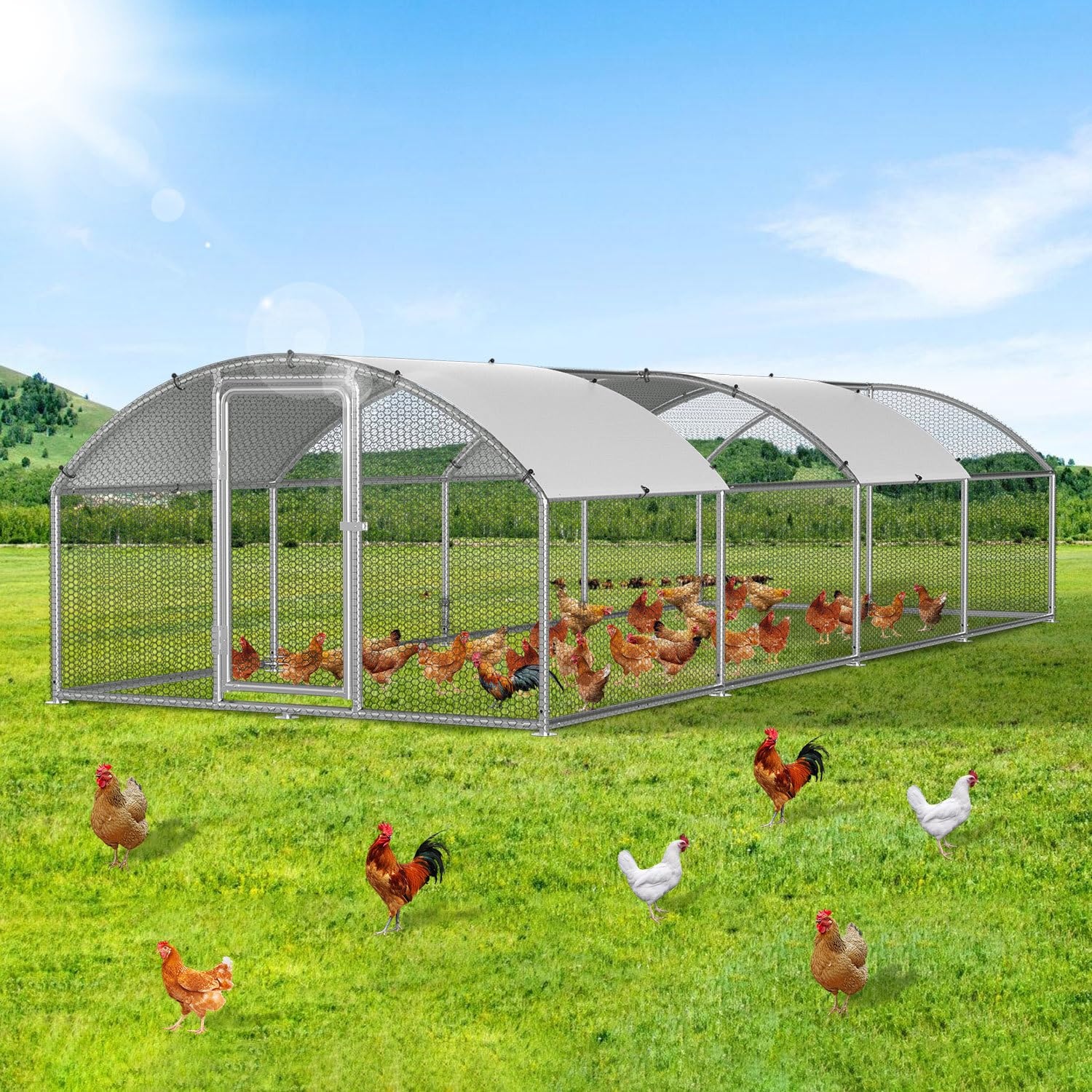 Gallinero de 3 x 8 x 2 m de metal, jaula para gallinas, jaula para animales pequeños, pajarera con lona en el techo, recinto para animales domésticos para pollos, aves de corral, accesorio de
