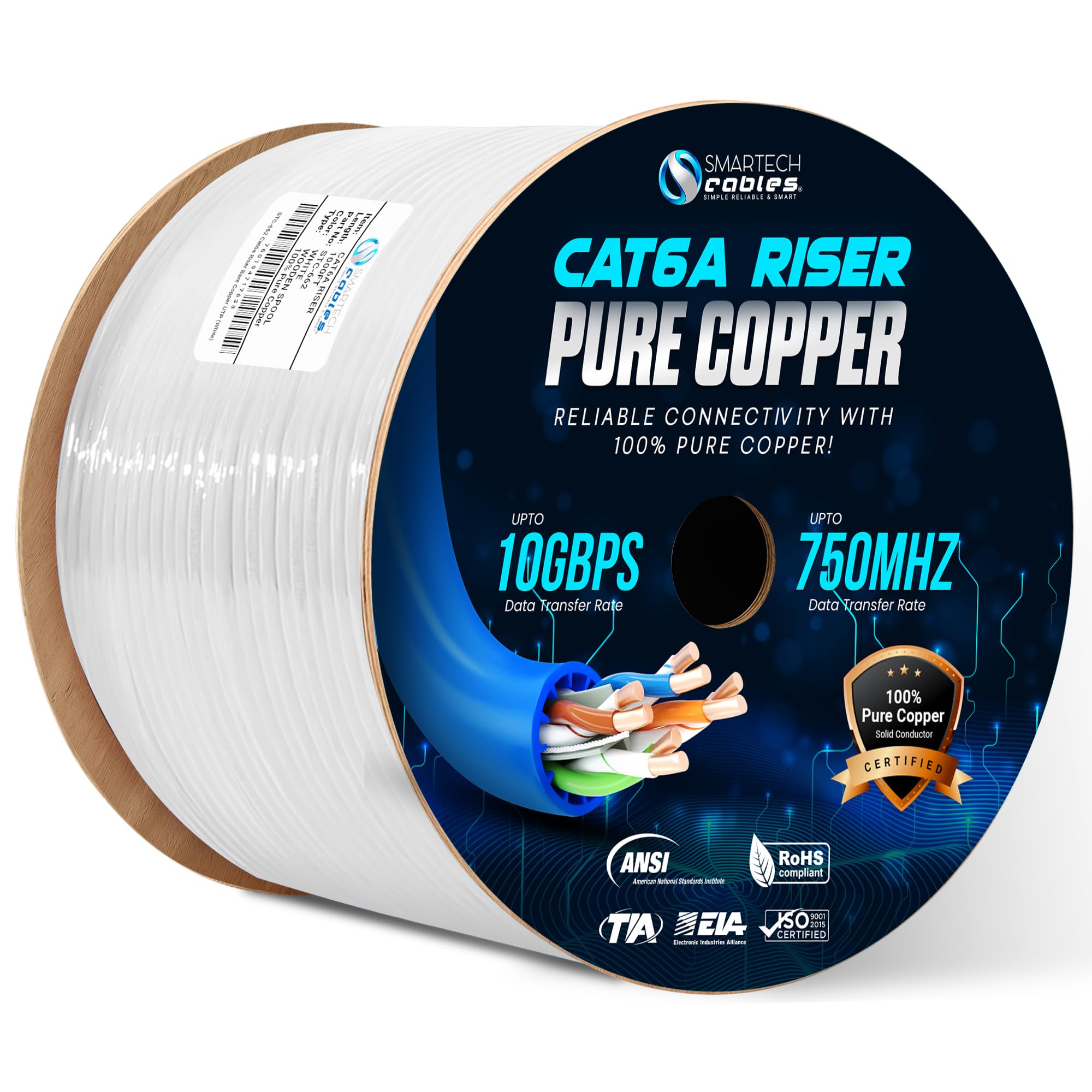 Smartech Cables Cat6A Riser Cable 1000ft- Most Certified 100% Solid Bare Copper Cat 6a Ethernet Cable-23 AWG, 750 MHz, PoE++ - Unshielded Twisted Pair (UTP) (White)