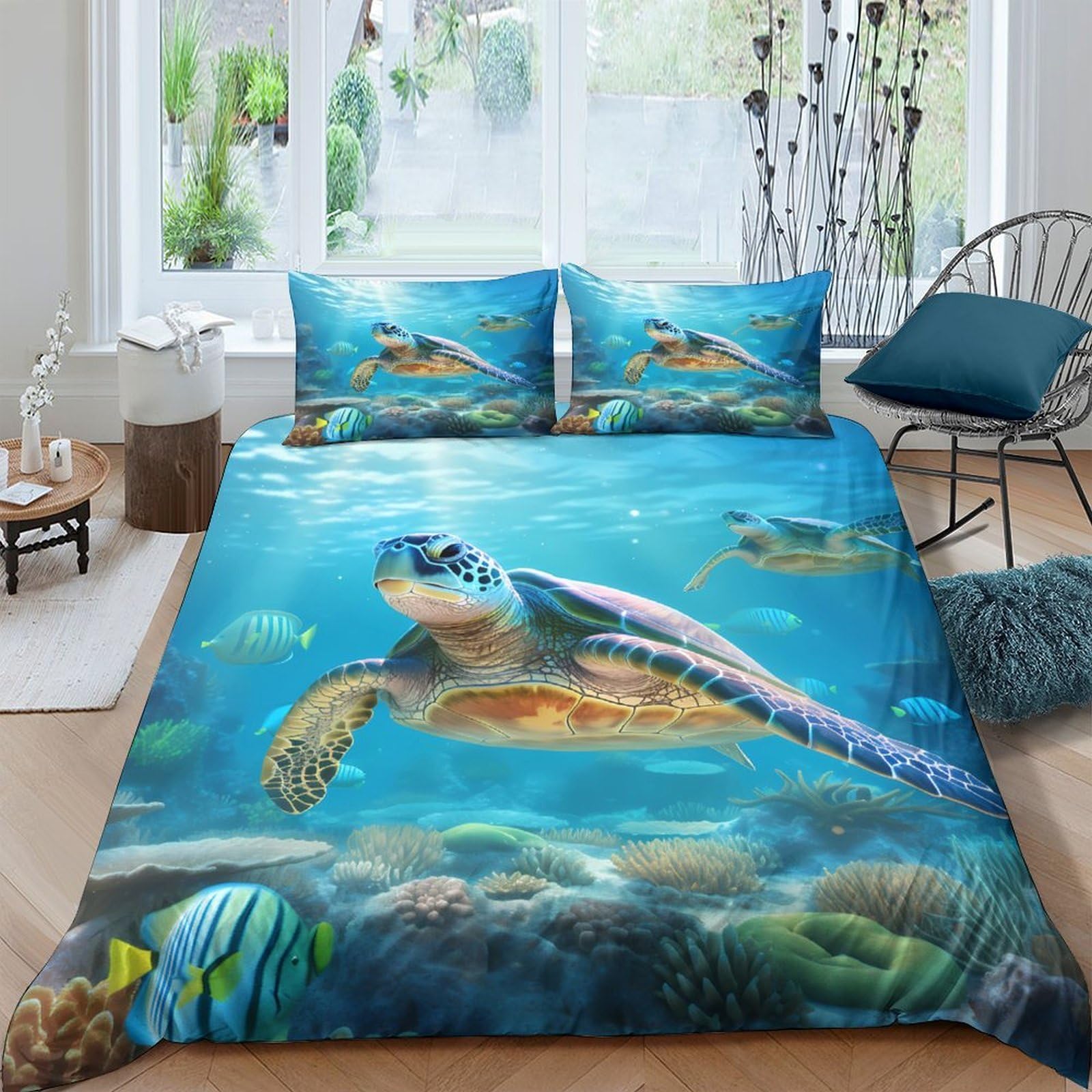 Ctjqhvkz Style-6 3D Printed Ocean Turtle Fitted Sheet Microfiber Soft Underwater Reef Mattress Cover For Bedroom Guest Room Decor Single（135X200cm）