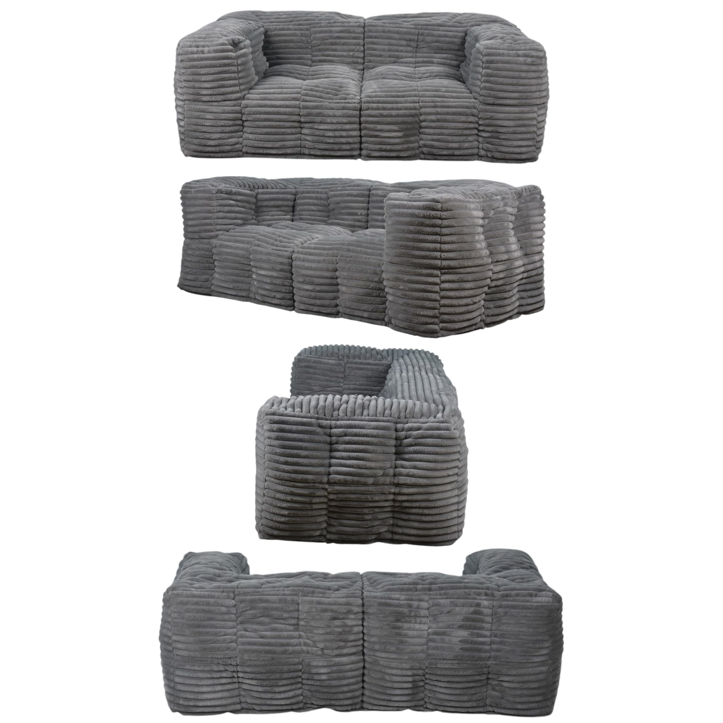 bananair 3-osobowa sofa z prążkowanym sztucznym futrem, miękka i wygodna, wyściółka z pianki i włókien, innowacyjna modułowa konstrukcja bez kości, łatwo przekształca się w 2 worki do siedzenia