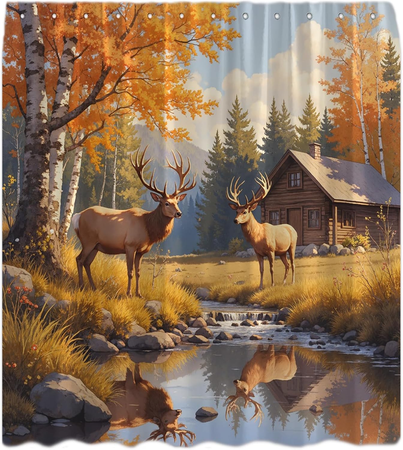 Fall Deer Forest Shower Curtain Rustic Farmhouse Western Country Wildlife Animal Whitetail Elk Moose River Cabin Autumn Hunting Nature Landscape Scenery Bathroom Curtains with Hook,70x83.8 Inch
