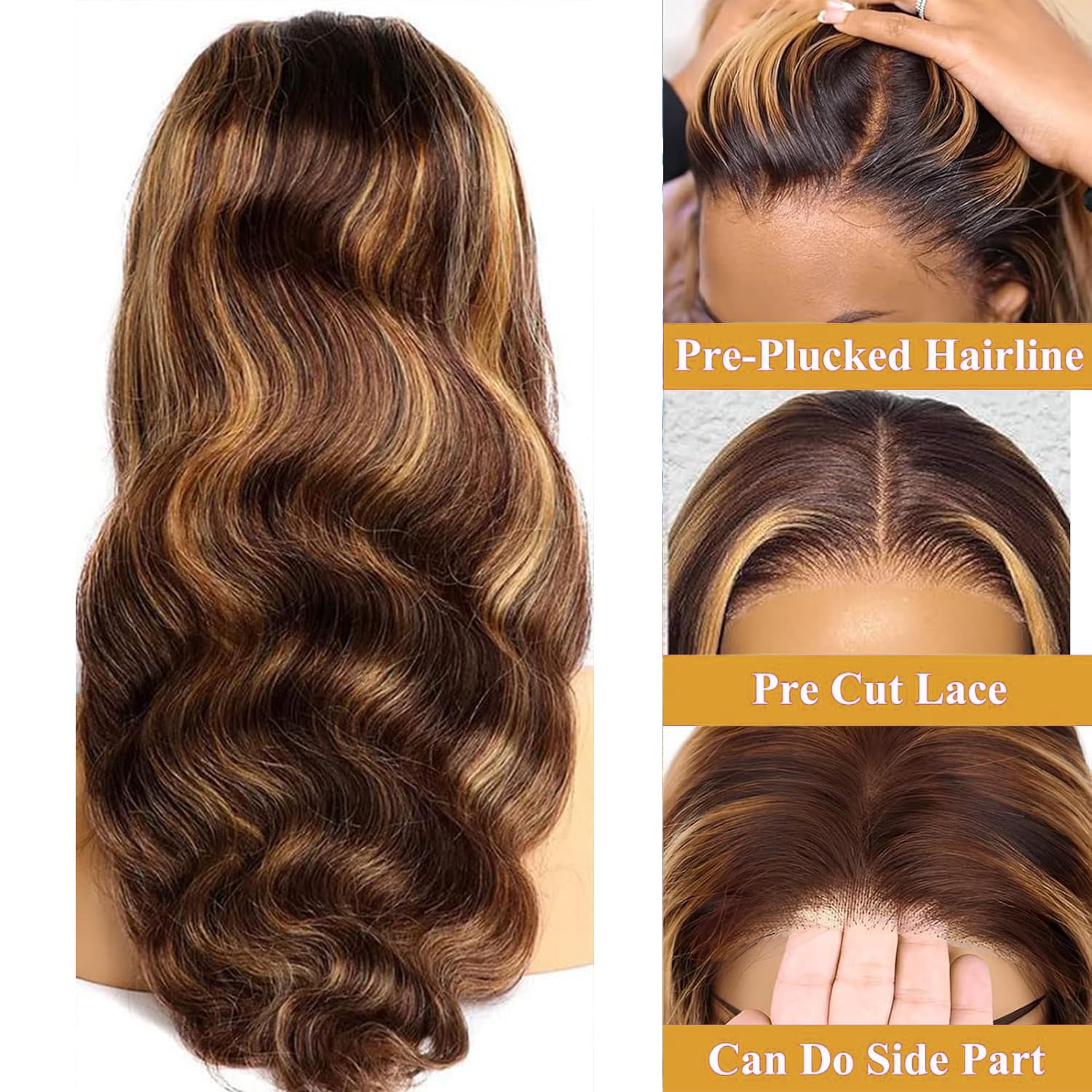 Glueless Wigs Human Hair Wear and Go 4x4 HD Lace Front Glueless Wig Human Hair 180 Density Pre Plucked Pre Cut Body Wave Lace Front Wigs for Women Blond Ombre Color P4/27 (14 inches) - Image 2