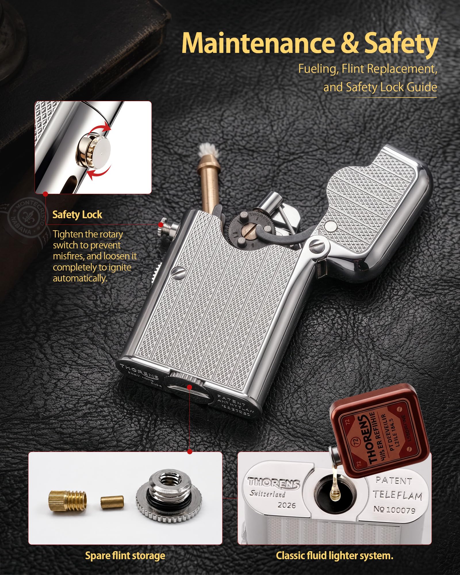 THORENS Gen 7 Single Claw TELEFLAM Fluted Silver, Mechero de Pipa de Latón | Mechero de pipa vintage rellenable, brazo telescópico para alcanzar la cazoleta, llama suave automática, seguro, caja regalo