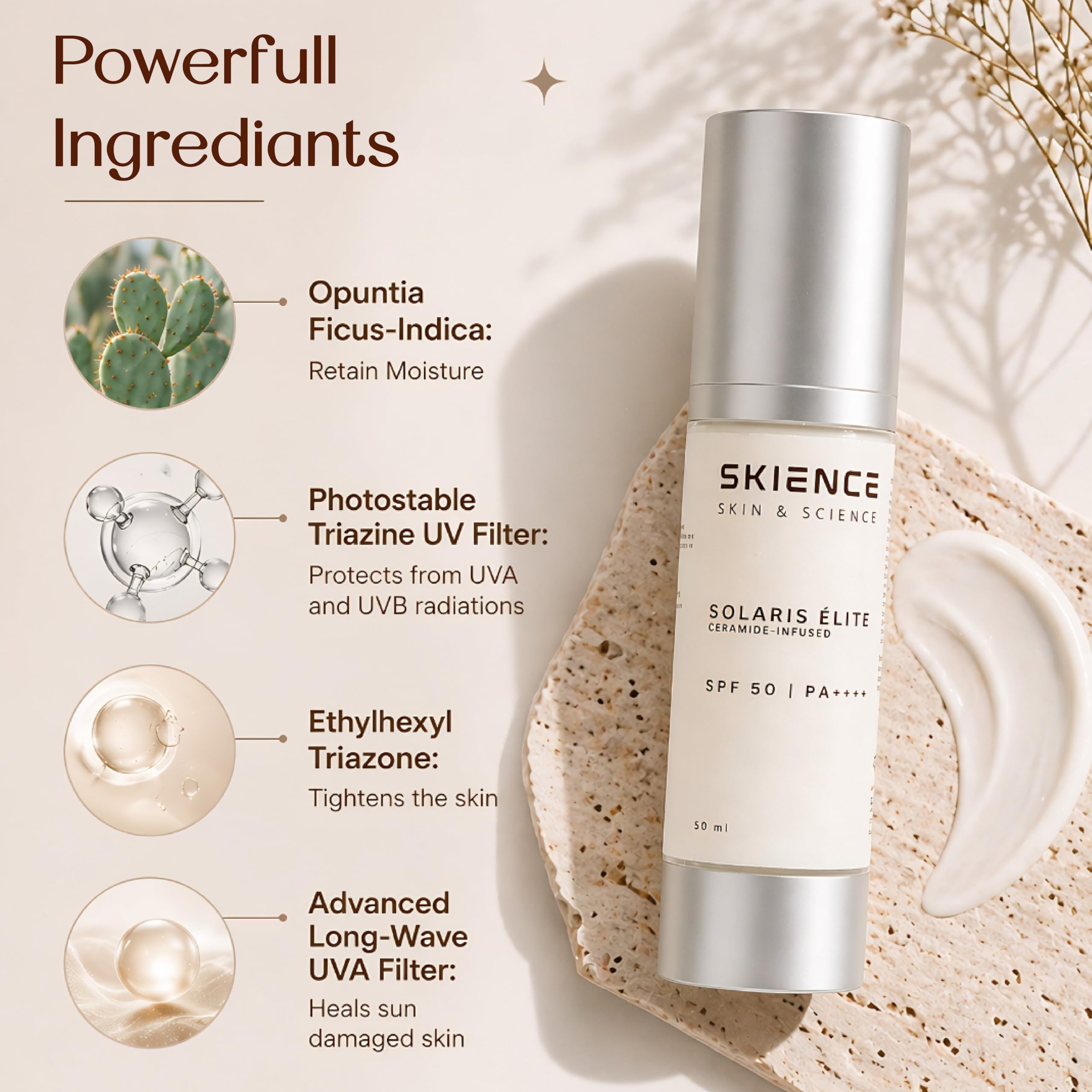 SKIENCE Solaris Élite SPF 50+ PA++++ | Ceramide-Infused Ultra-Broad Spectrum Sunscreen | Photostable UVA/UVB Protection | No White Cast | 50 ml 3