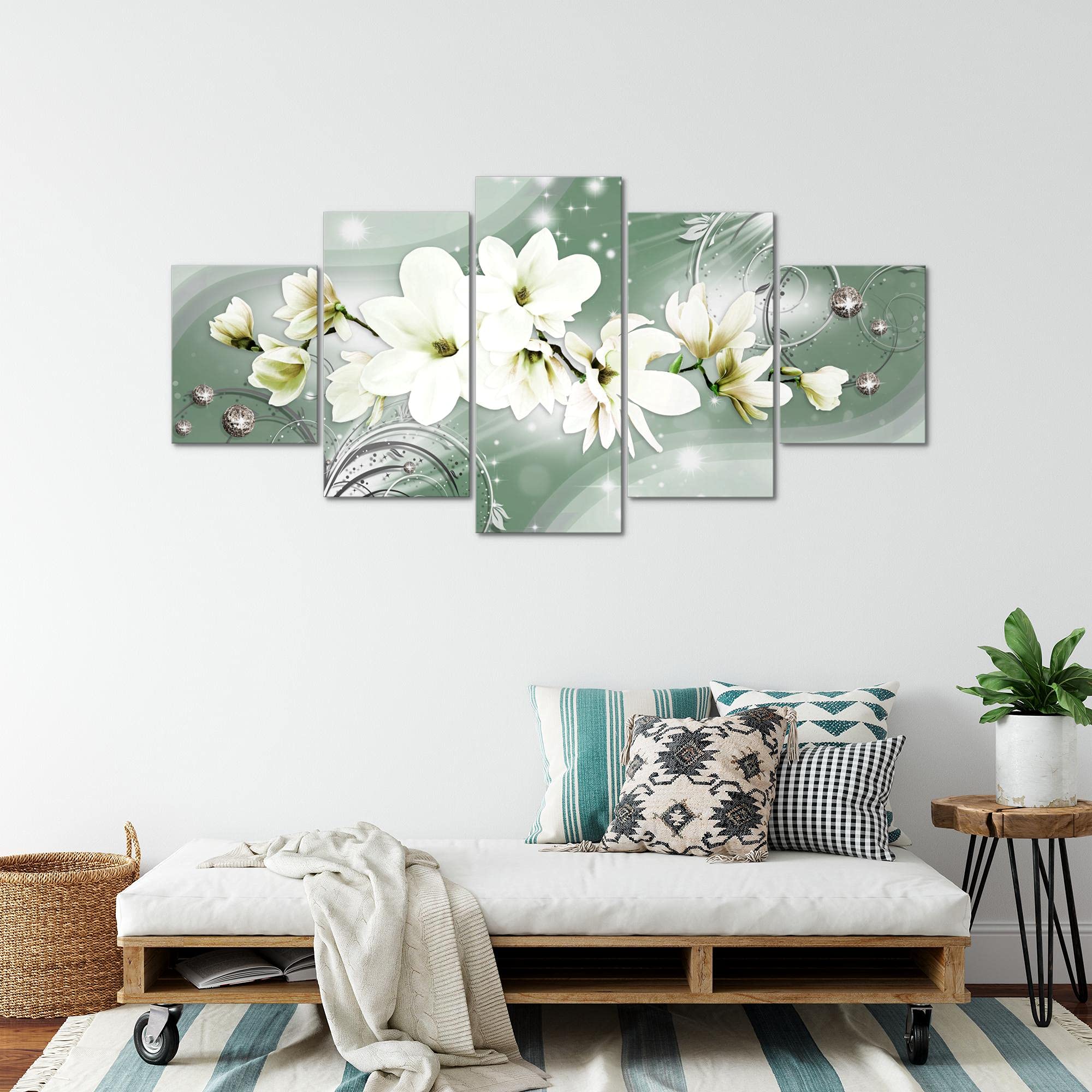 Runa Art - Tableau Fleurs Magnolia 200 X 100 Cm 5 Parties XXL Decoration Murale Dessin Vert 006351a
