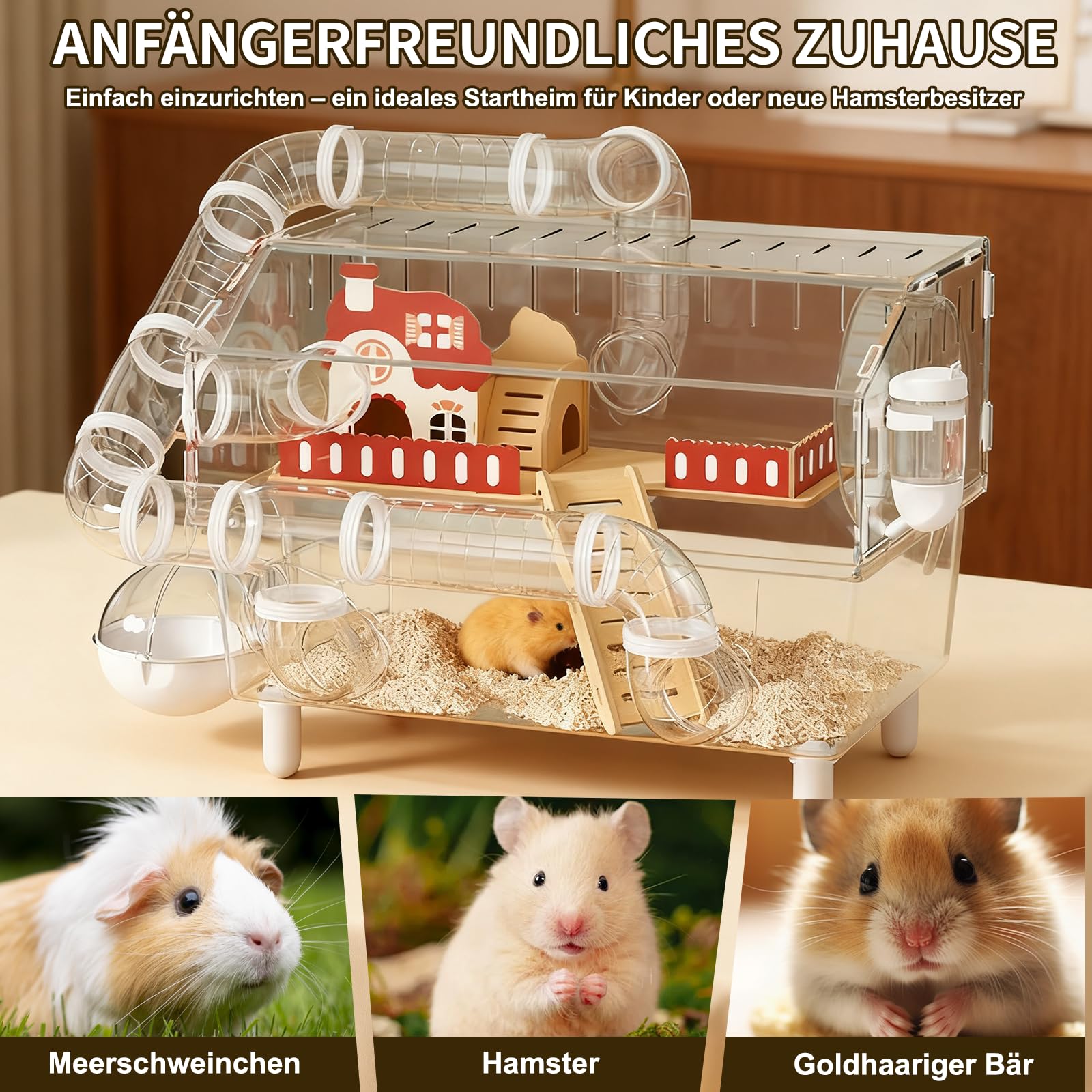 Jaula para hámster túnel de lujo, diseño panorámico transparente de acrílico, valla de bricolaje para animales pequeños con accesorios completos, jaula de madera estilo jardín para ardillas