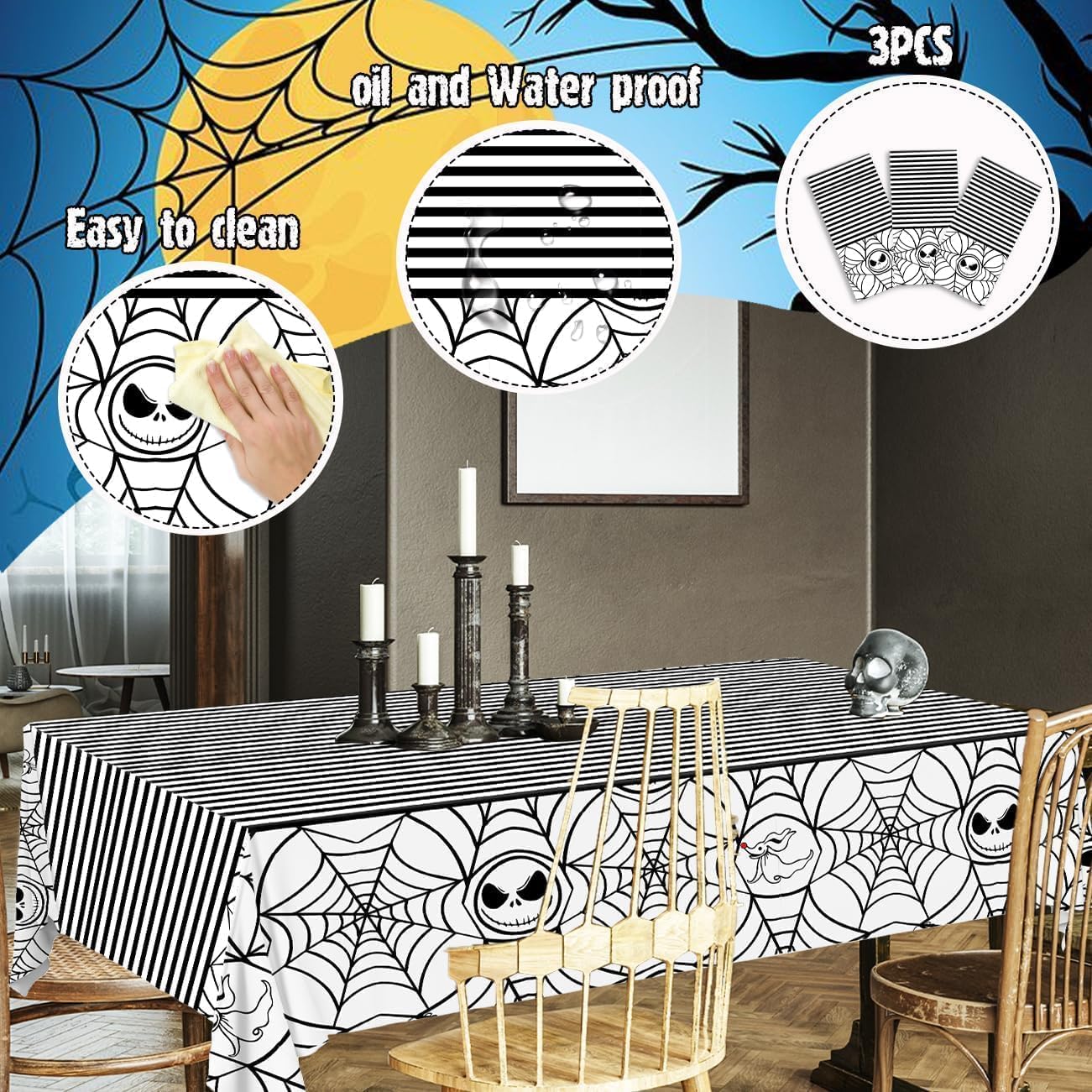 Nitemare Christmas Tablecloth, 3PCS Halloween Cobweb Disposable Tablecovers