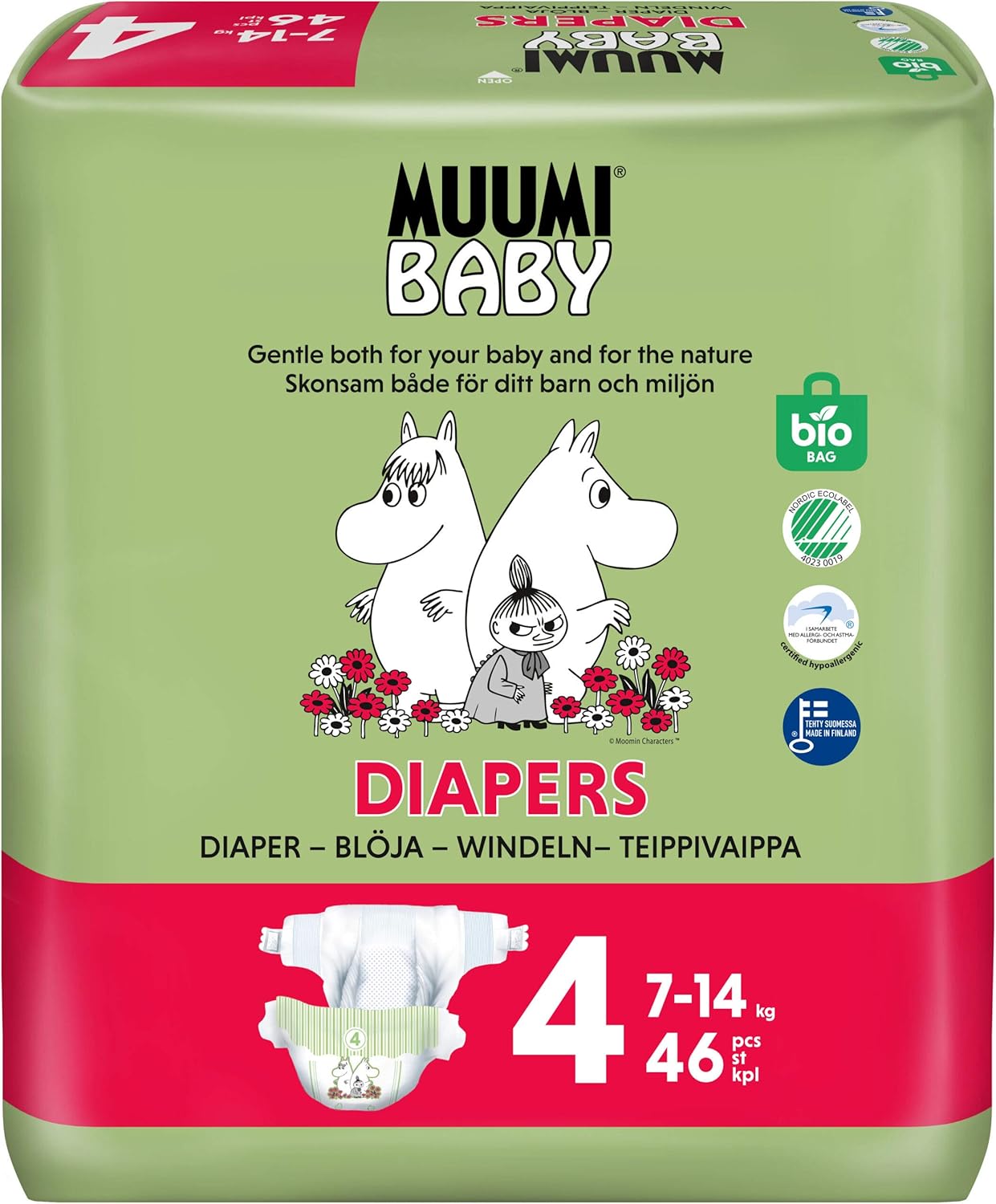 Pañales ecológicos Muumi Baby, talla 4, 7-14 KG, 46 pañales sensibilidad premium