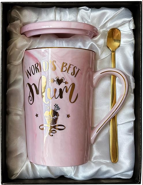 World's Best Mum Coffee Mug Birthday Mather Day Gifts for Mun from Daughter Son Marble 14OZ Ceramic Cups (Pink-Mum)
