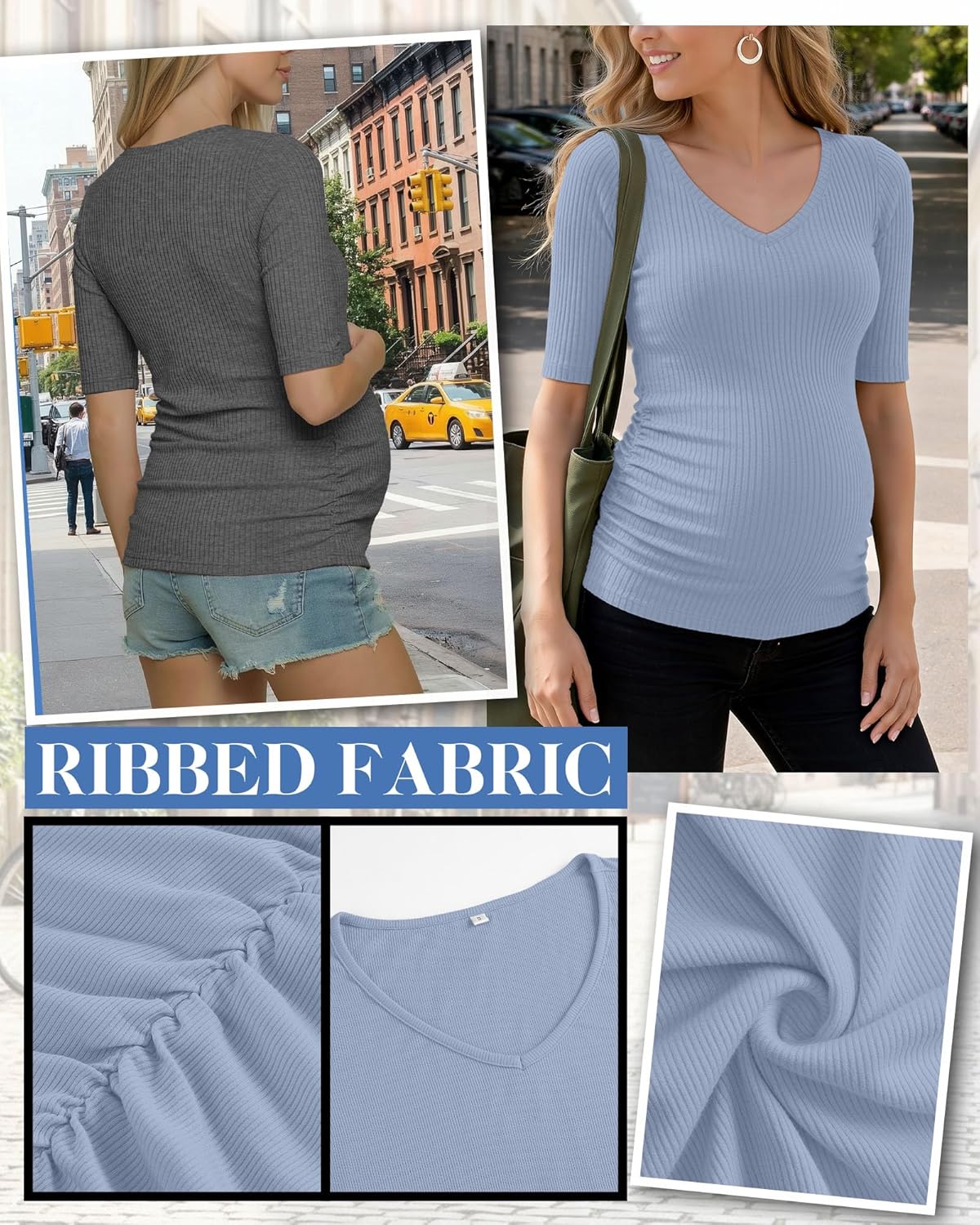 Ficerd 4 Pack Women’s Maternity Shirts, Cotton Half Sleeve Pregnancy Tops Ribbed V Neck Casual Slim Fit Maternity Clothes