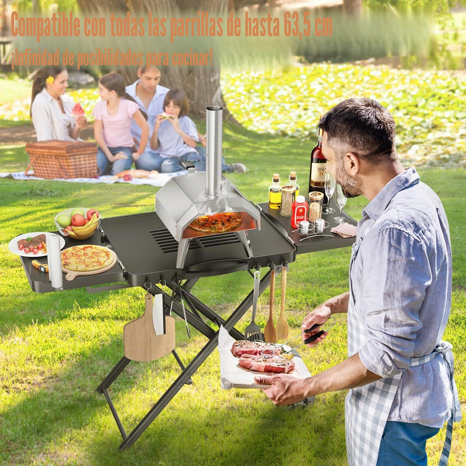 Carro de barbacoa portátil para Weber, Ninja, Ooni, Blackstone, Nexgrill, Traeger y otros hornos. Carro al aire libre con ruedas y mesas