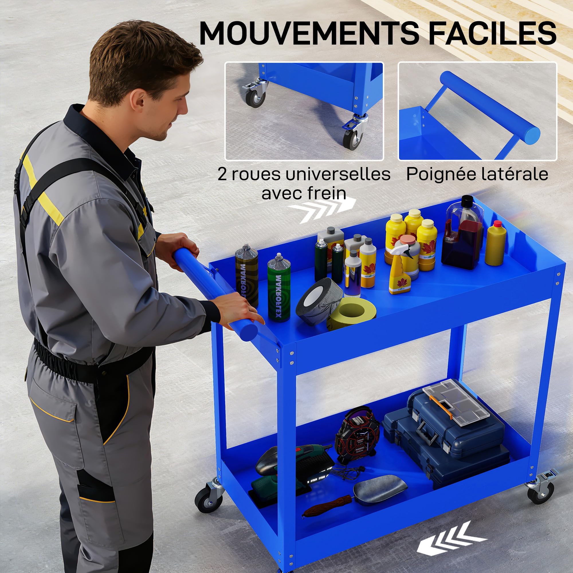 DURHAND Carrello da officina per officina, carrello per attrezzi a 2 livelli, maniglia laterale e ruote bloccabili, per garage, magazzino, utensili fai da te, carico 150 kg, 84,5 x 38 x 84 cm, blu