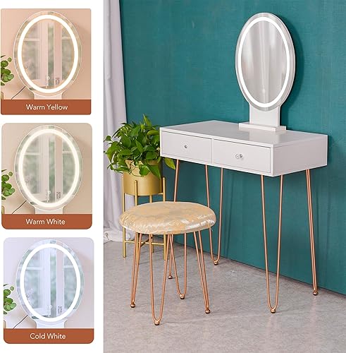 Miniatura 2 de Juego de tocador de maquillaje con espejo iluminado, escritorio blanco con cajones y taburete acolchado, mesa de maquillaje con espejo de luces