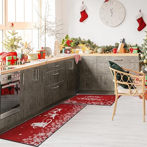 Miniatura 4 de Juego de 2 alfombras y tapetes de cocina de Navidad, antideslizantes, lavables, con ramas de pino, renos, alfombra roja de Navidad, decoración de