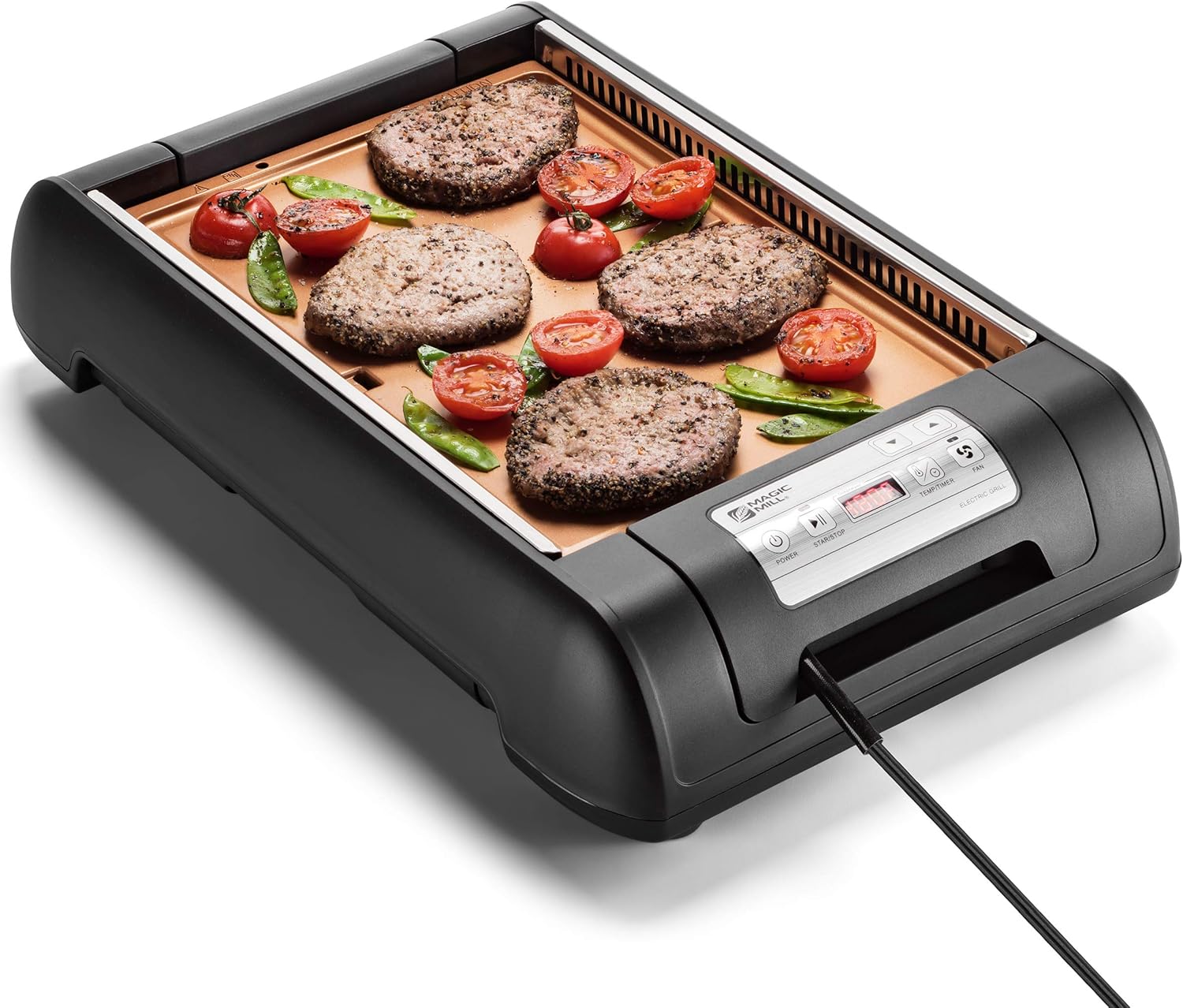 Magic Mill Electric Smokeless Grill cooking burgers and vegetables