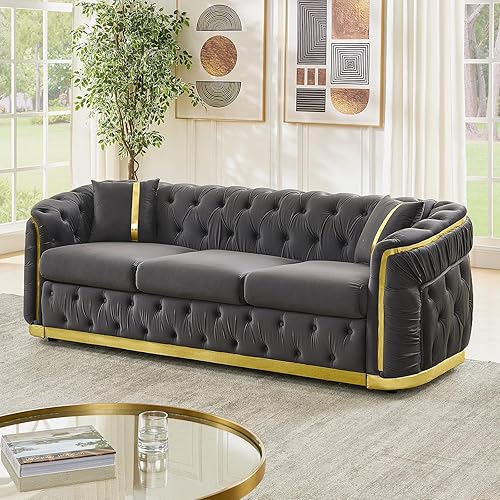 Miniatura 16 de Sofá Chesterfield de 3 plazas moderno de mediados de siglo de 84.6 pulgadas, sofá de terciopelo blanco beige y dorado, sofás de lujo para sala de