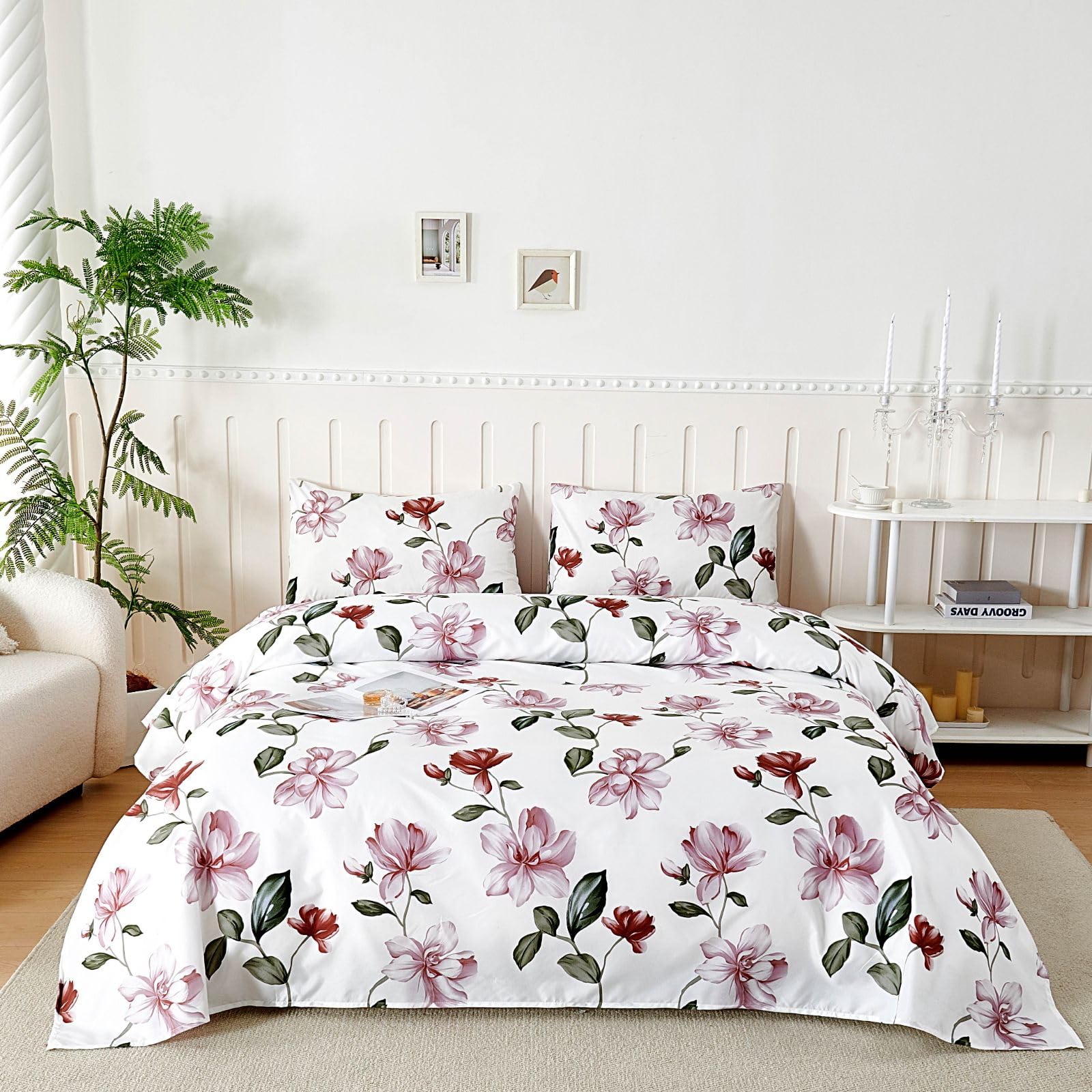 Set Lenzuola Singolo in Microfibre 90x190/200cm, Completo Lenzuola Letto con 1 Federe 50x80 in Stampa, Lenzuola Sopra e Lenzuolo con Angoli, Comfort e Morbidezza, Fiori